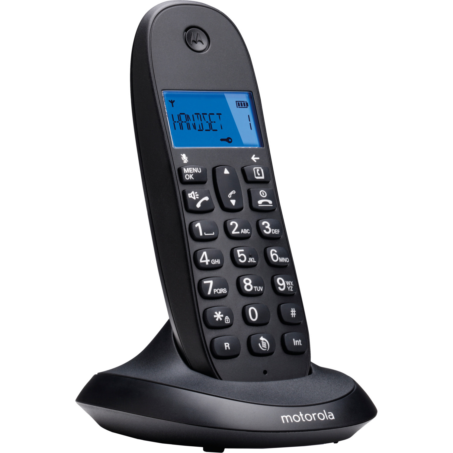 Téléphone sans fil noir avec base. Écran bleu affichant "HANDSET". Boutons numérotés et clavier.