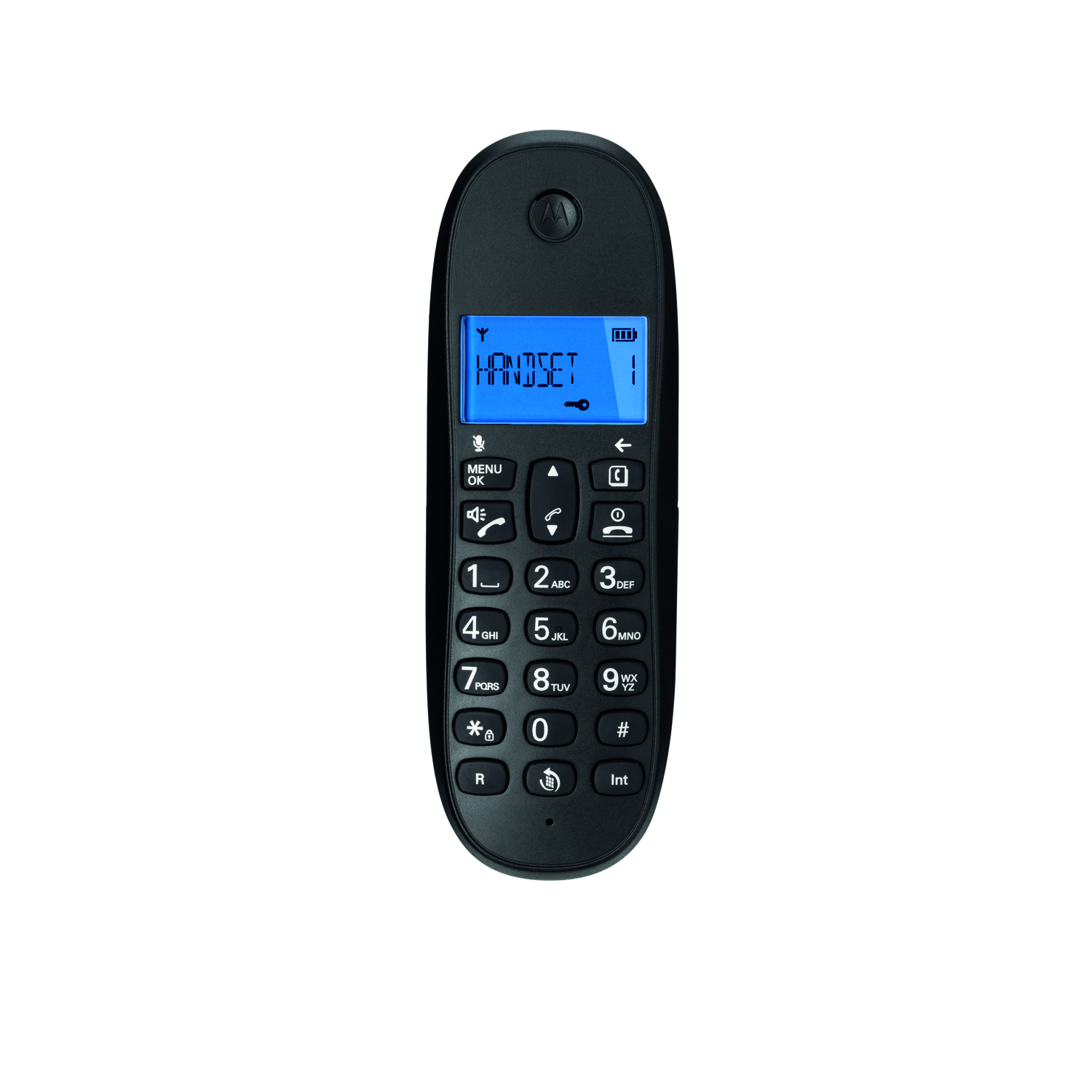 Téléphone sans fil noir avec écran bleu et clavier numérique.