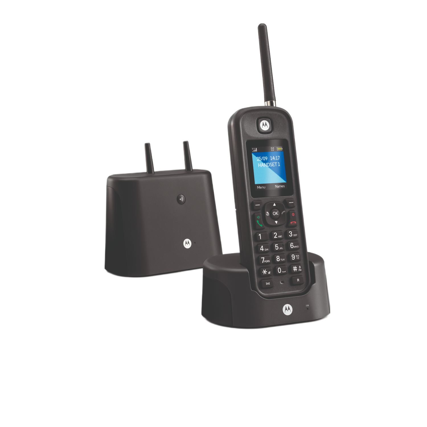 Un téléphone sans fil Motorola noir avec un chargeur. Le téléphone est sur le chargeur et a un petit écran.