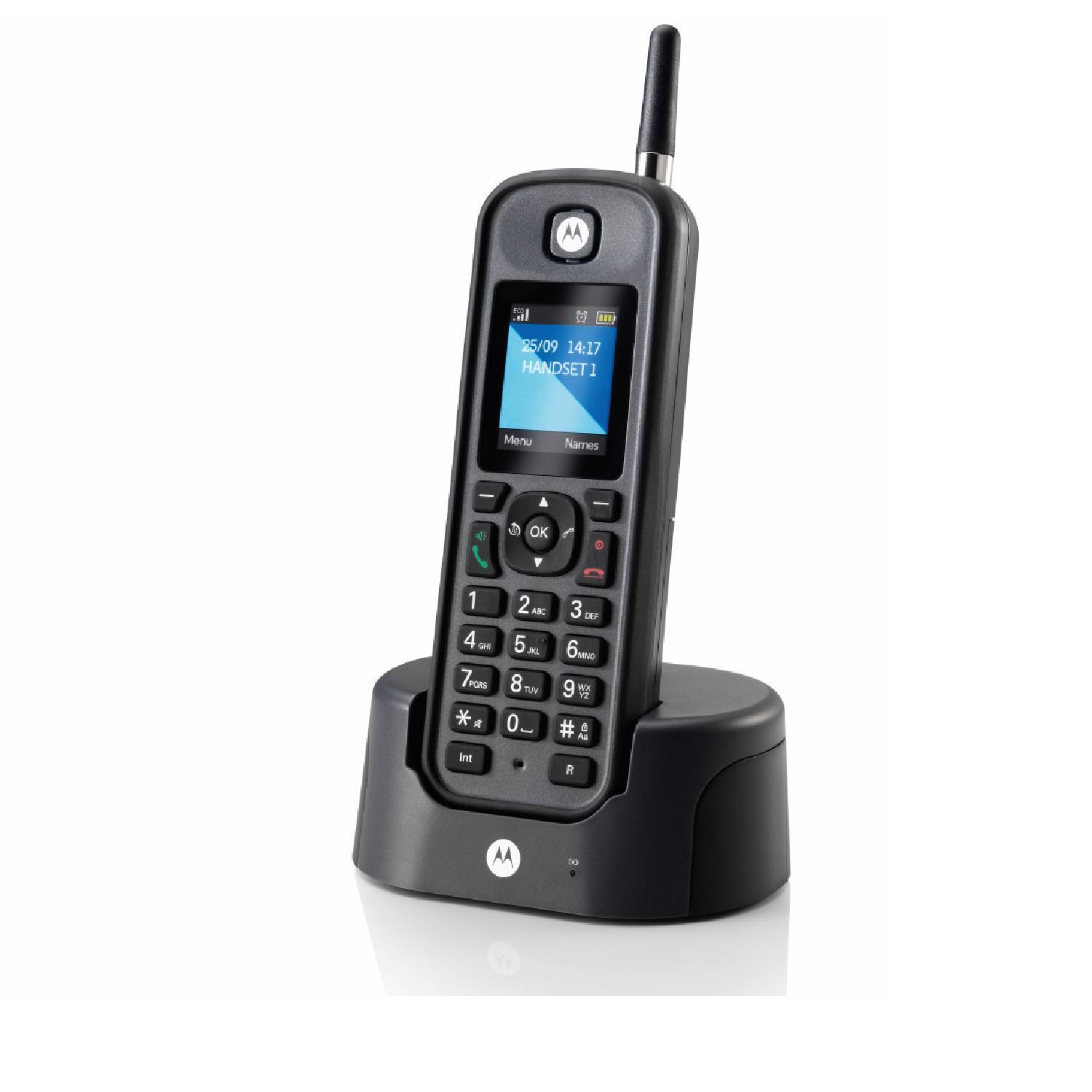 Téléphone sans fil noir avec base. L'antenne s'étend vers le haut. Boutons visibles.