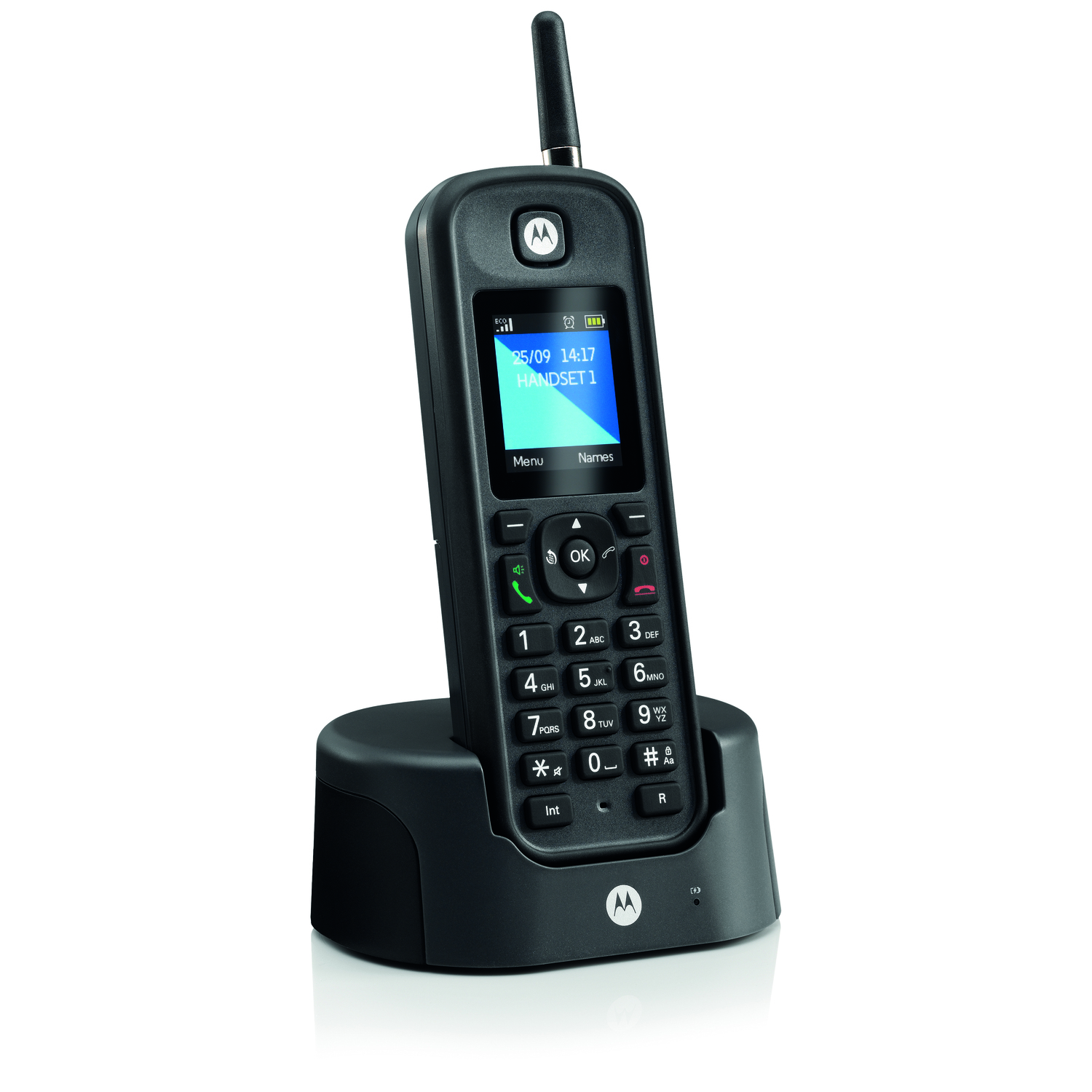 Un téléphone sans fil Motorola noir avec socle. Le téléphone a un écran et des boutons. Le socle est noir.