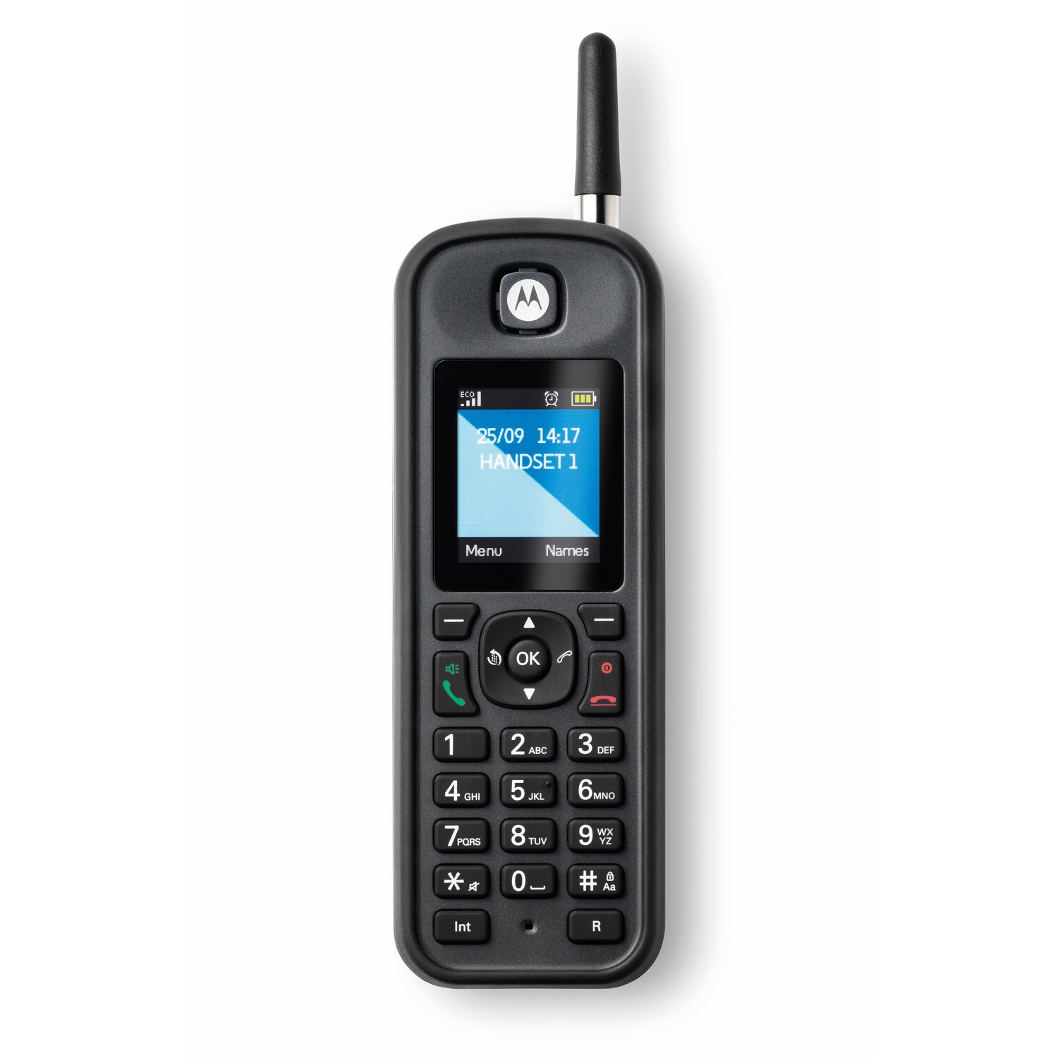 Un téléphone sans fil noir avec un écran affichant la date et l'heure, et une petite antenne.