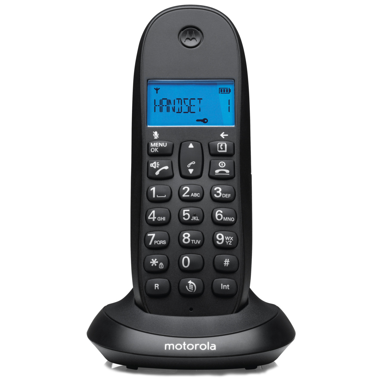 Téléphone sans fil Motorola noir sur sa base. L'écran affiche 'HANDSET'.