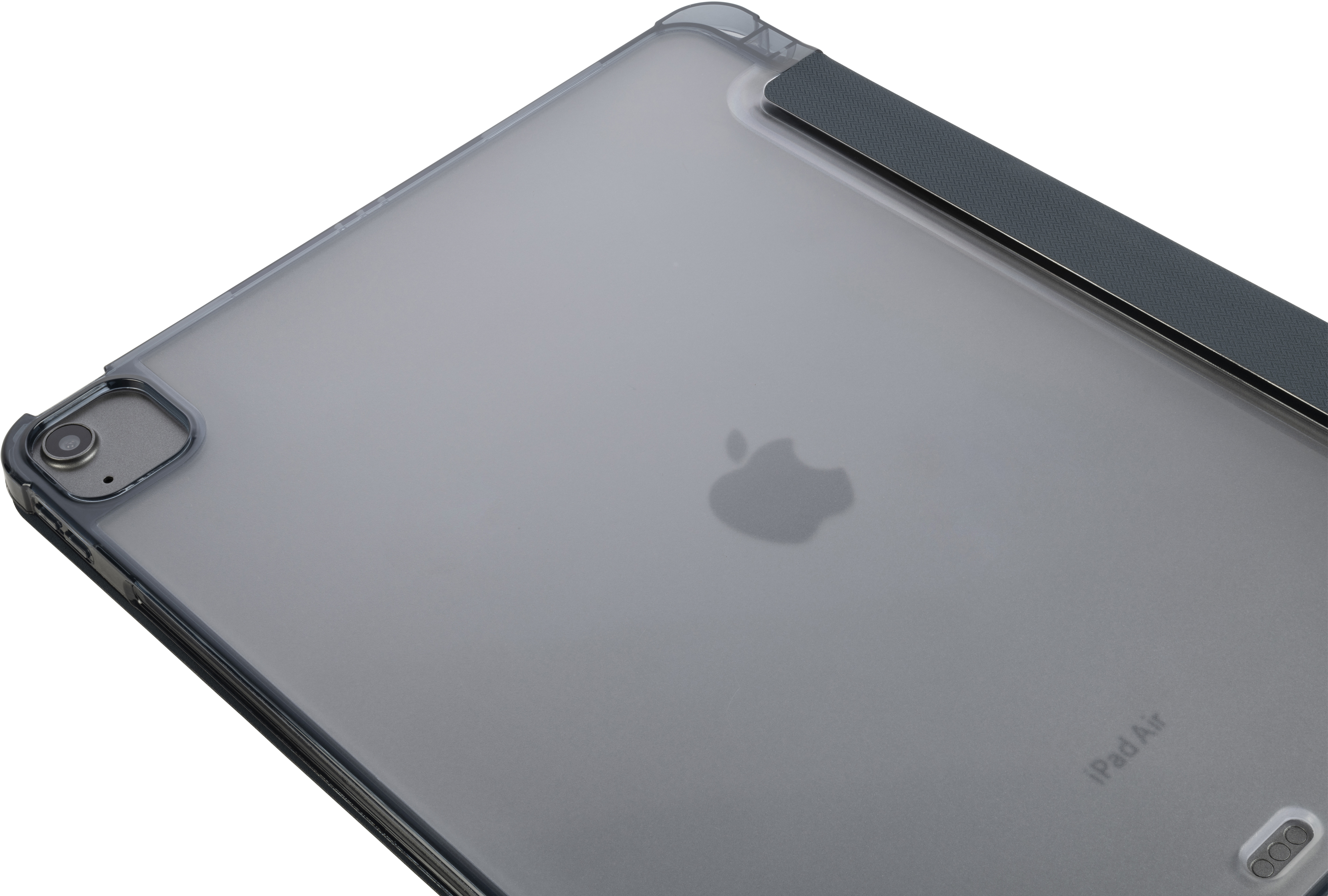iPad Air mit Hülle. Die Hülle ist grau. Apple-Logo sichtbar. Weißer Hintergrund.