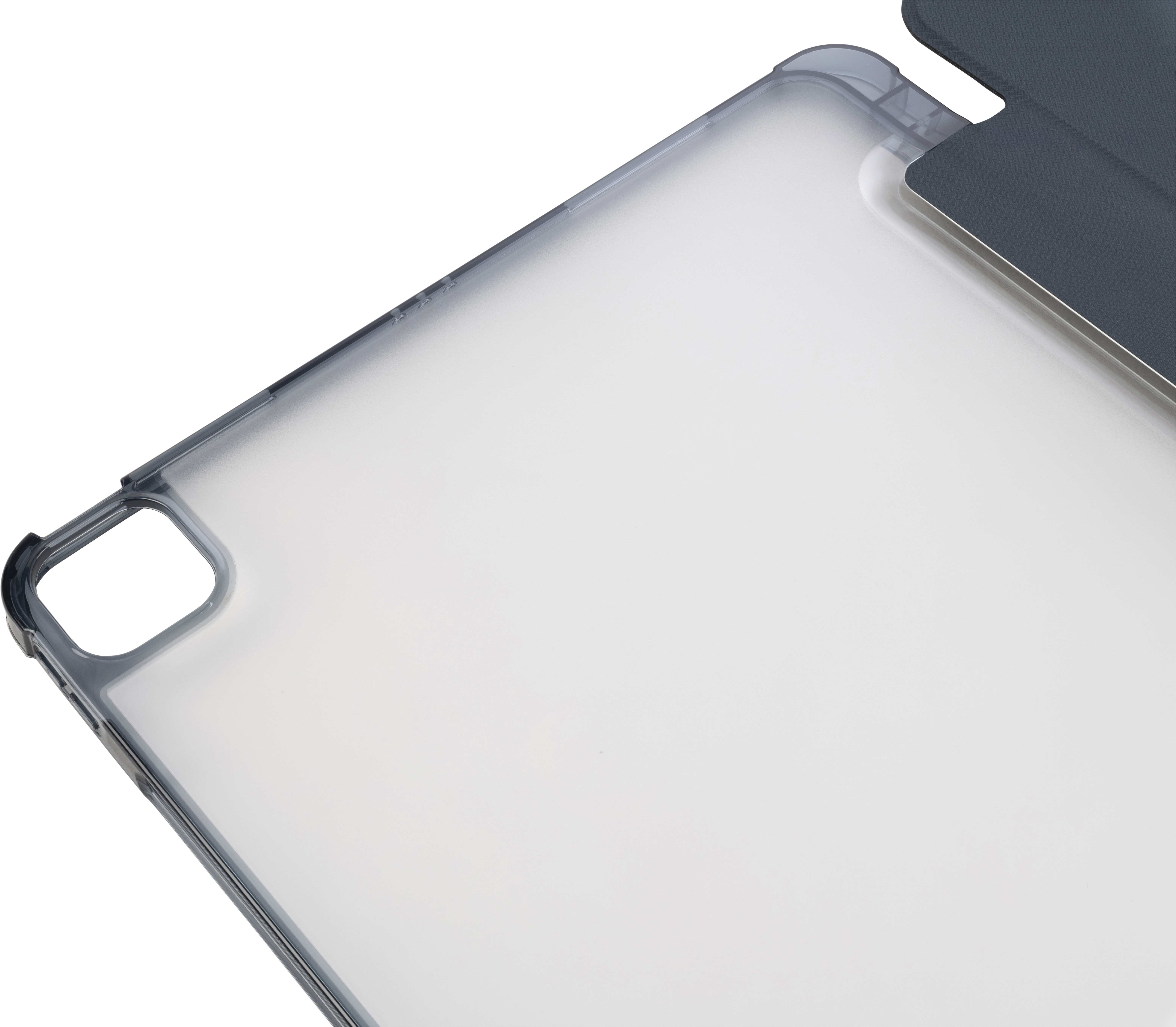 Transparente iPad-Hülle mit dunklem Cover. Die Hülle befindet sich in der oberen rechten Ecke.