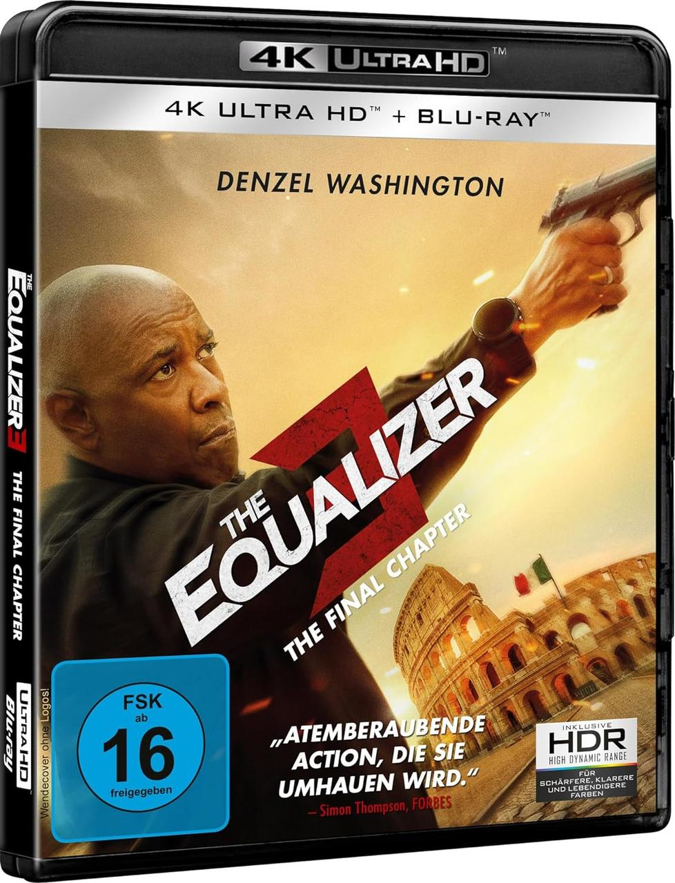 Blu-ray-Cover für den Film 'The Equalizer 3' mit Denzel Washington, der eine Waffe hält.