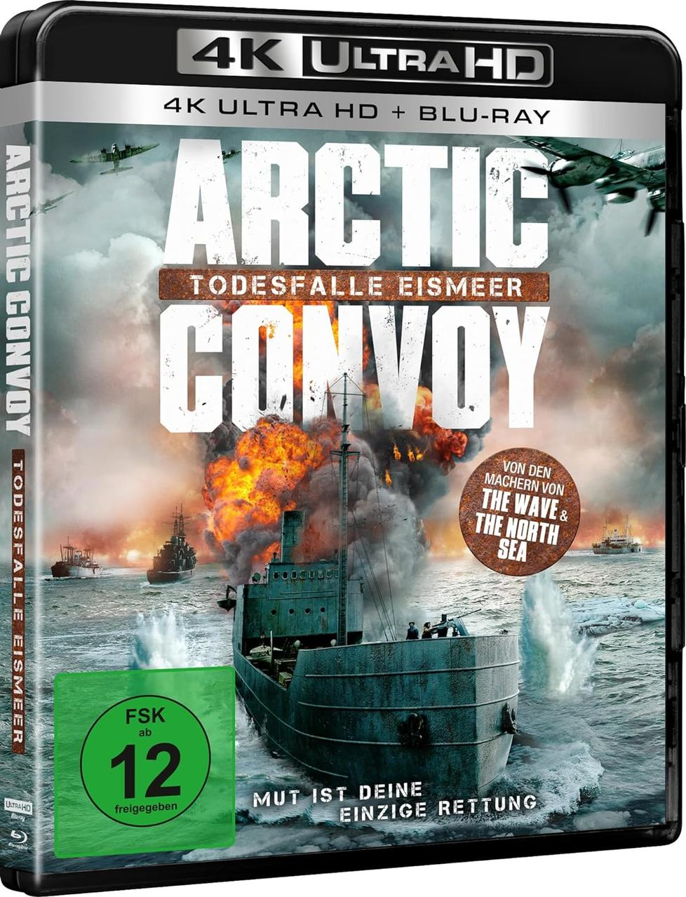 DVD-Hülle mit Kriegsszene, brennendem Schiff und Flugzeugen. Titel: Arctic Convoy.