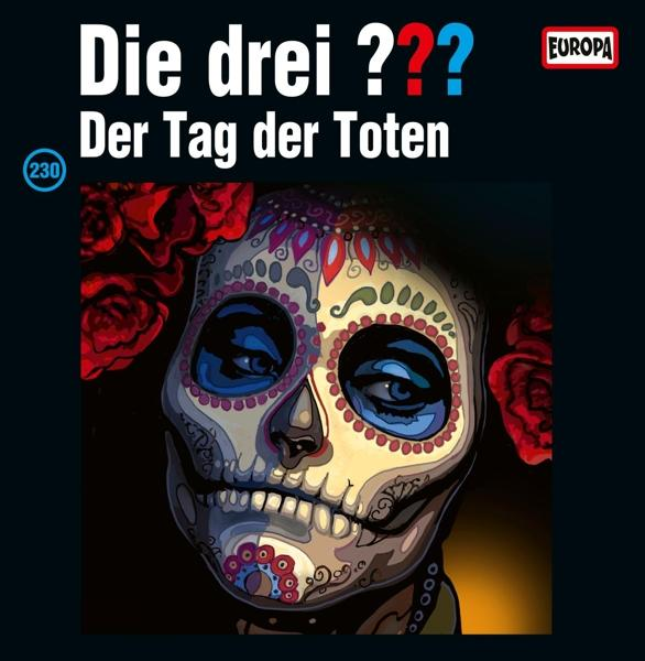 Buchcover: Die drei ??? Der Tag der Toten, Totenkopf für den Tag der Toten dekoriert, Rosen, dunkler Hintergrund.