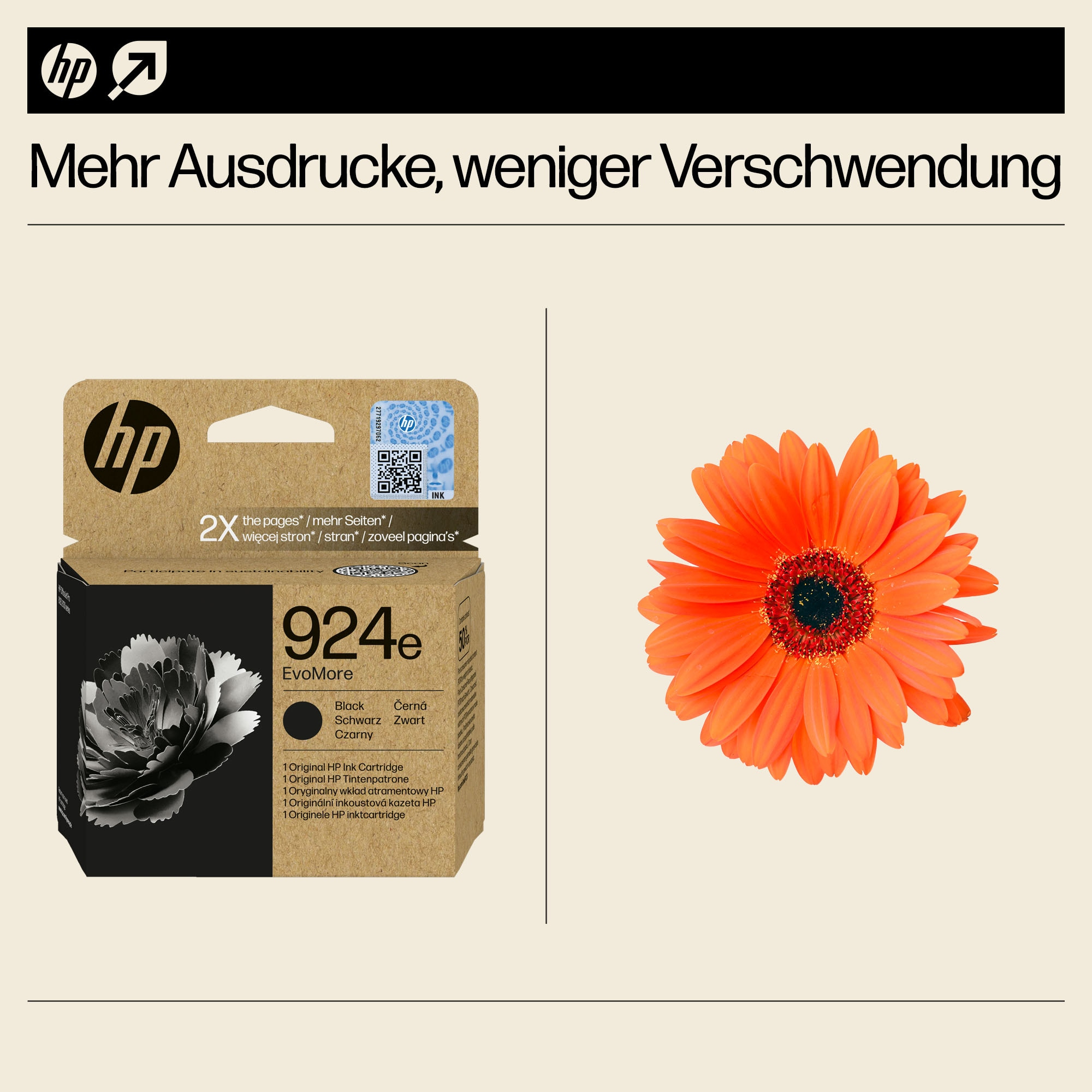 Encre d'imprimante HP et une marguerite gerbera. La boîte de cartouche d'encre est marron et présente un motif floral noir et blanc.