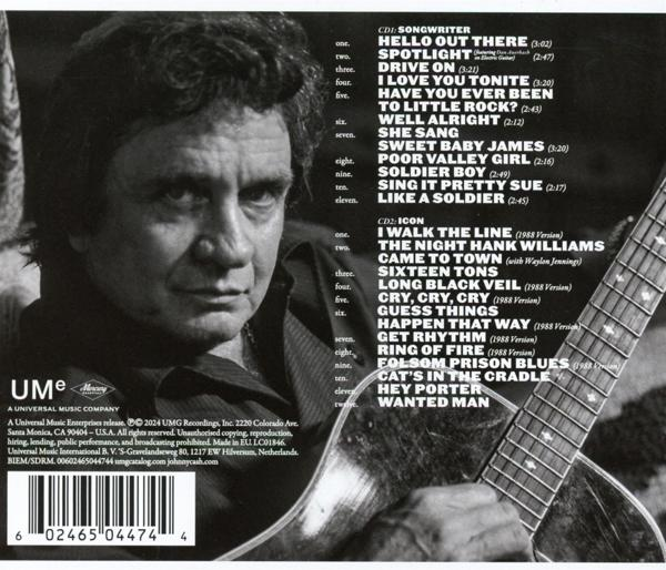 Album borító, Johnny Cash gitárral, a számok listája jobb oldalon.