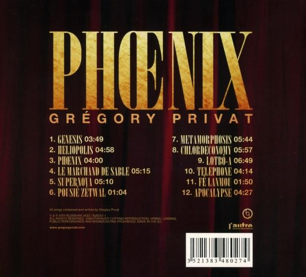 Albumcover mit Titelliste, Titel 'PHENIX' und Künstler 'Grégory Privat'.