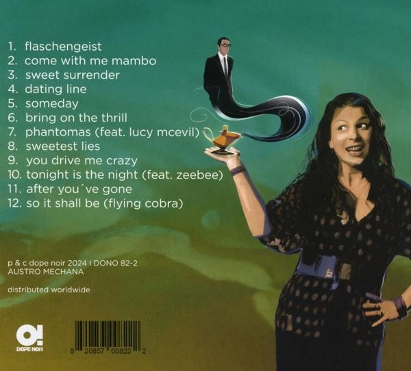 Albumcover mit einer Frau und einem Mann mit langem Schwanz. Text mit Songtiteln. Blauer Hintergrund.