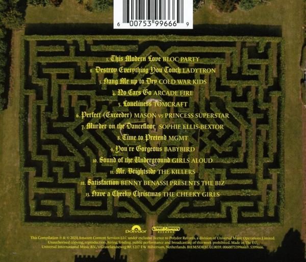 Rückseite einer CD-Hülle mit einem Labyrinth-Design. Text listet Songtitel und Künstlernamen in Weiß auf.