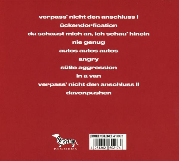 Roter Hintergrund mit weißem Text, darunter ein Logo und eine Barcode-Nummer.