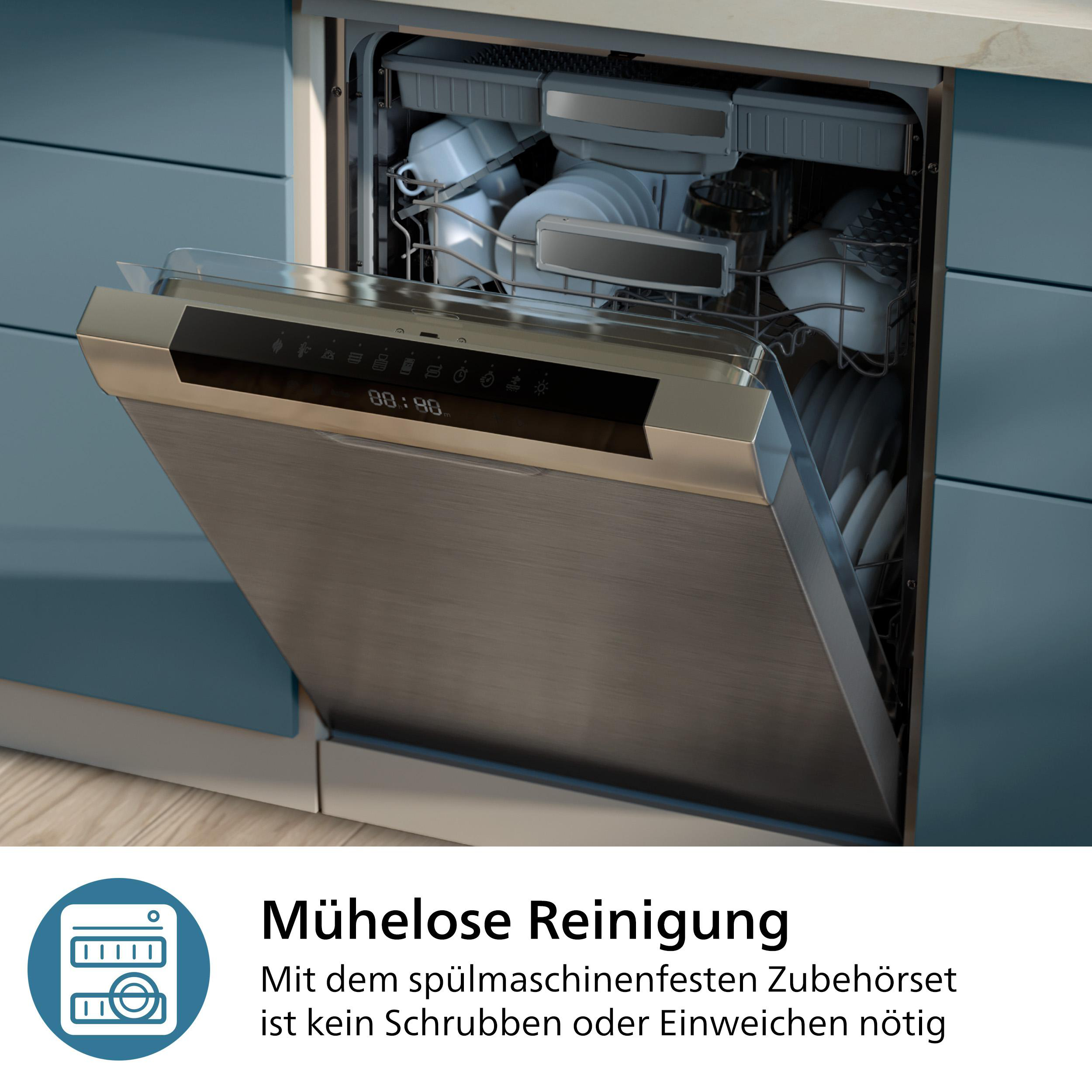Ein Geschirrspüler mit offener Tür, gefüllt mit Geschirr, und ein Text über mühelose Reinigung.