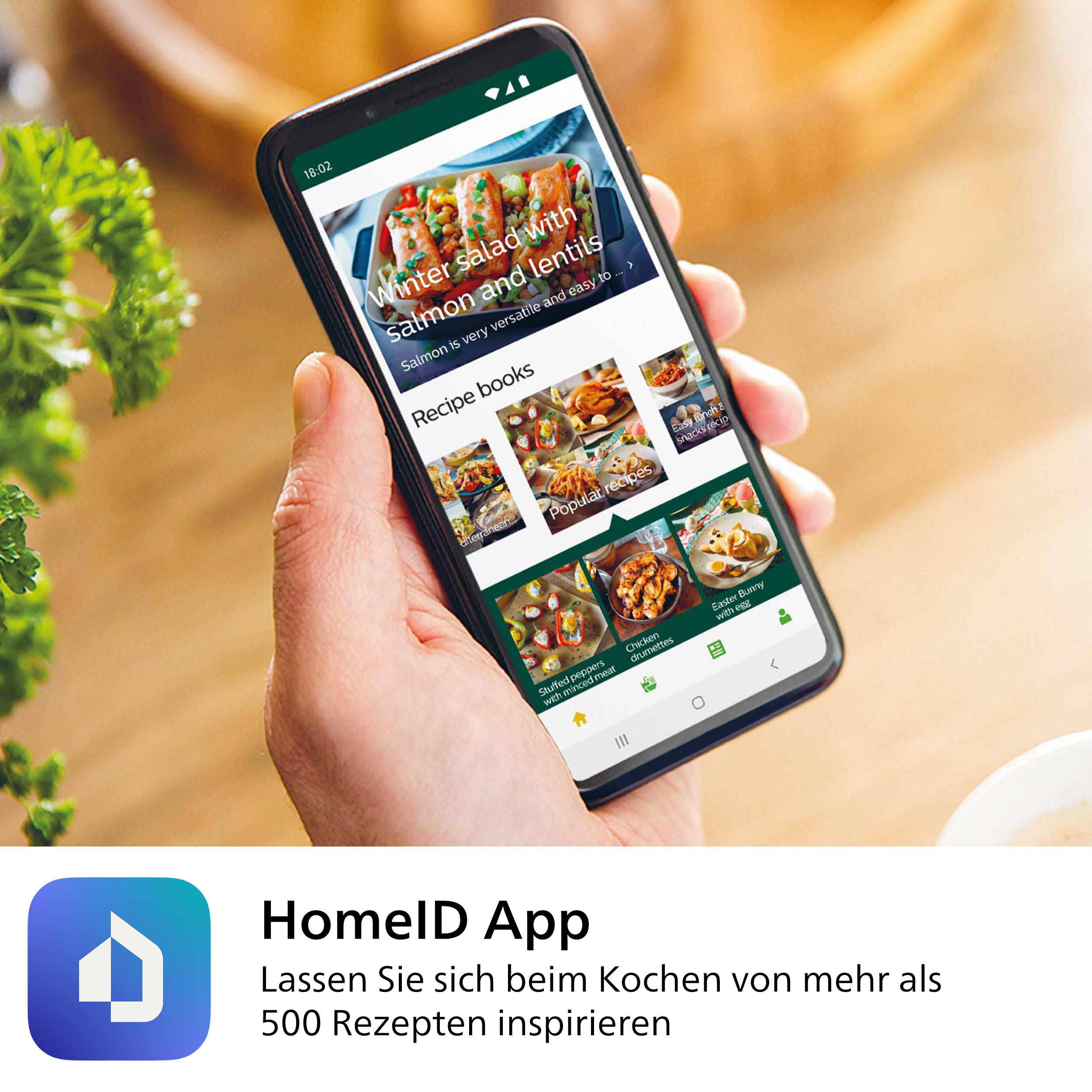 Hand, die ein Telefon hält, das eine Rezept-App-Oberfläche mit Essensbildern anzeigt.
