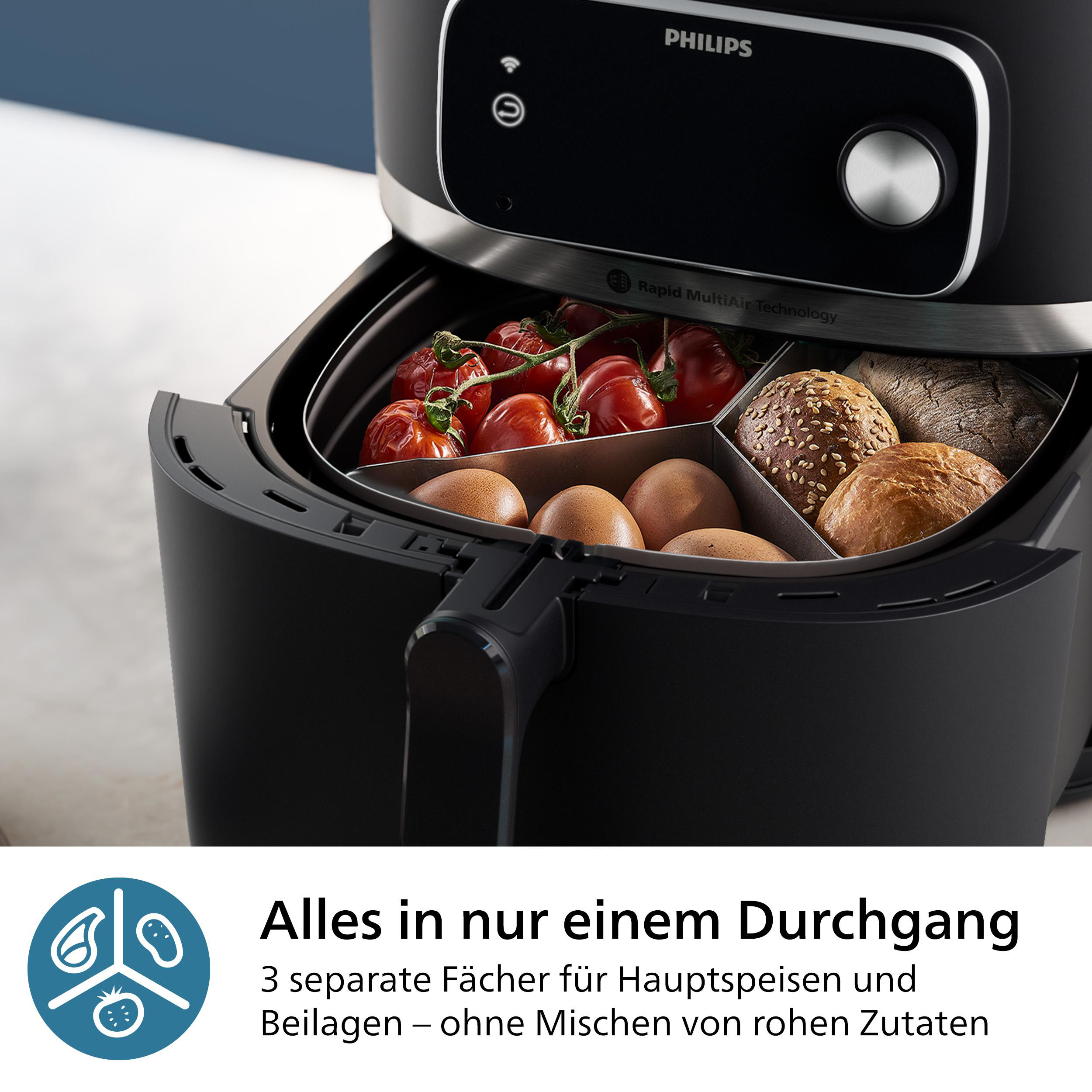 Schwarze Heißluftfritteuse mit Essen darin und Text auf Deutsch über separate Fächer.