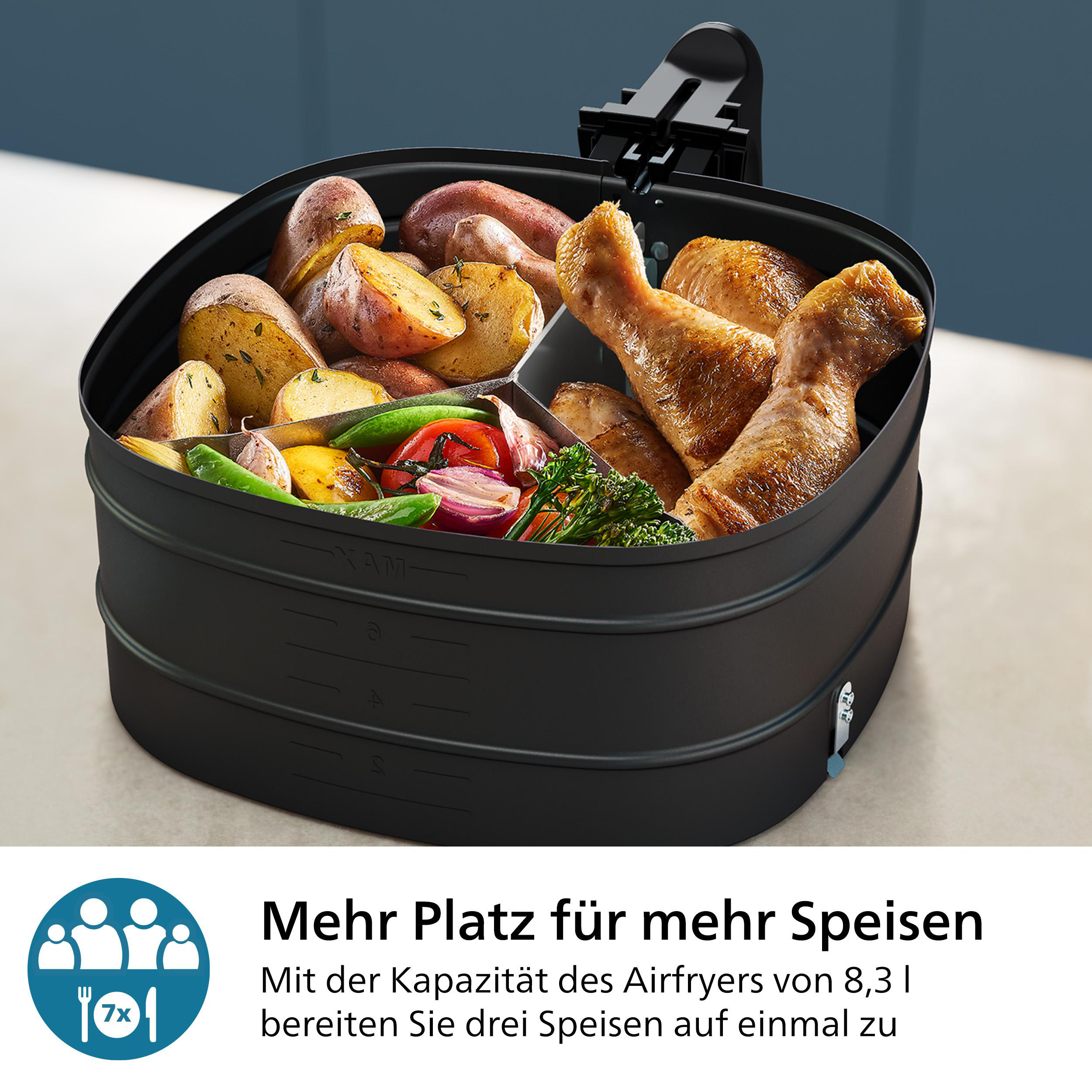 Eine Heißluftfritteuse mit Essen darin. Es enthält Kartoffeln, Gemüse und Hähnchenkeulen.