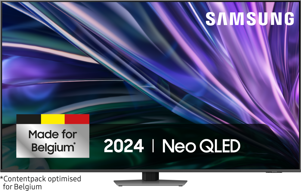 Samsung TV. Zwart frame. 'Made for Belgium' label. Tekst '2024 | Neo QLED'.