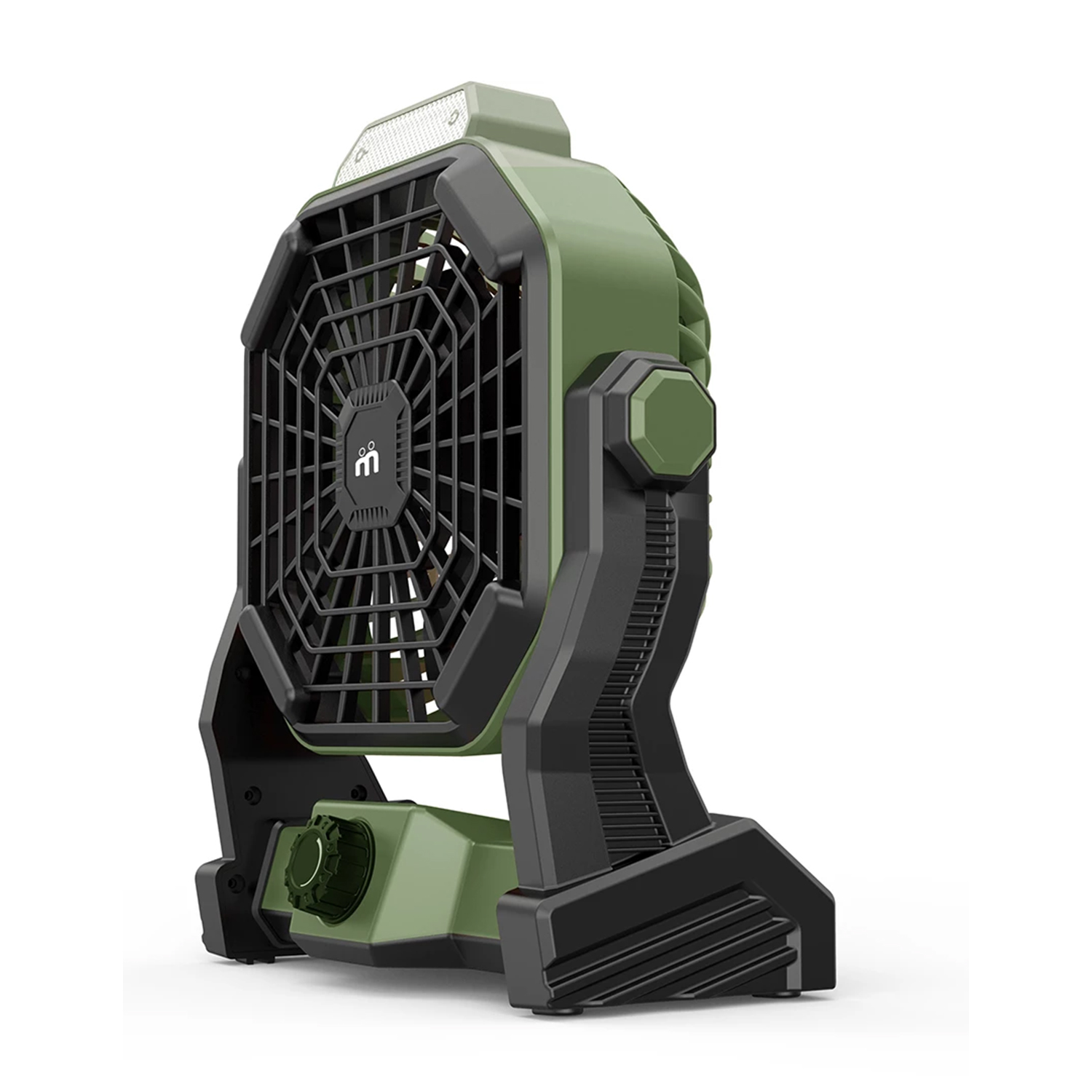 Un ventilatore portatile verde e nero. Il ventilatore ha una griglia protettiva e una luce in alto.