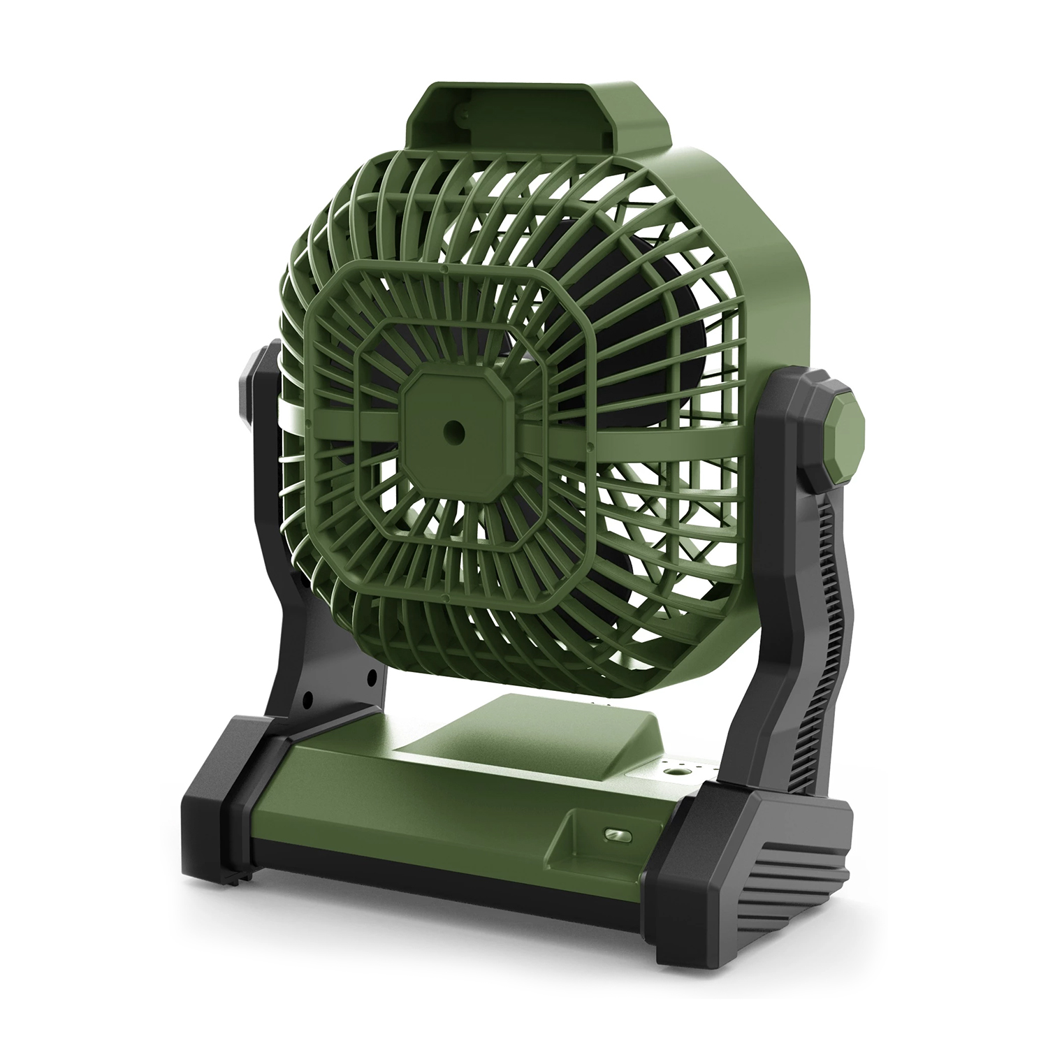 Ventilatore portatile verde su sfondo bianco, con base nera.