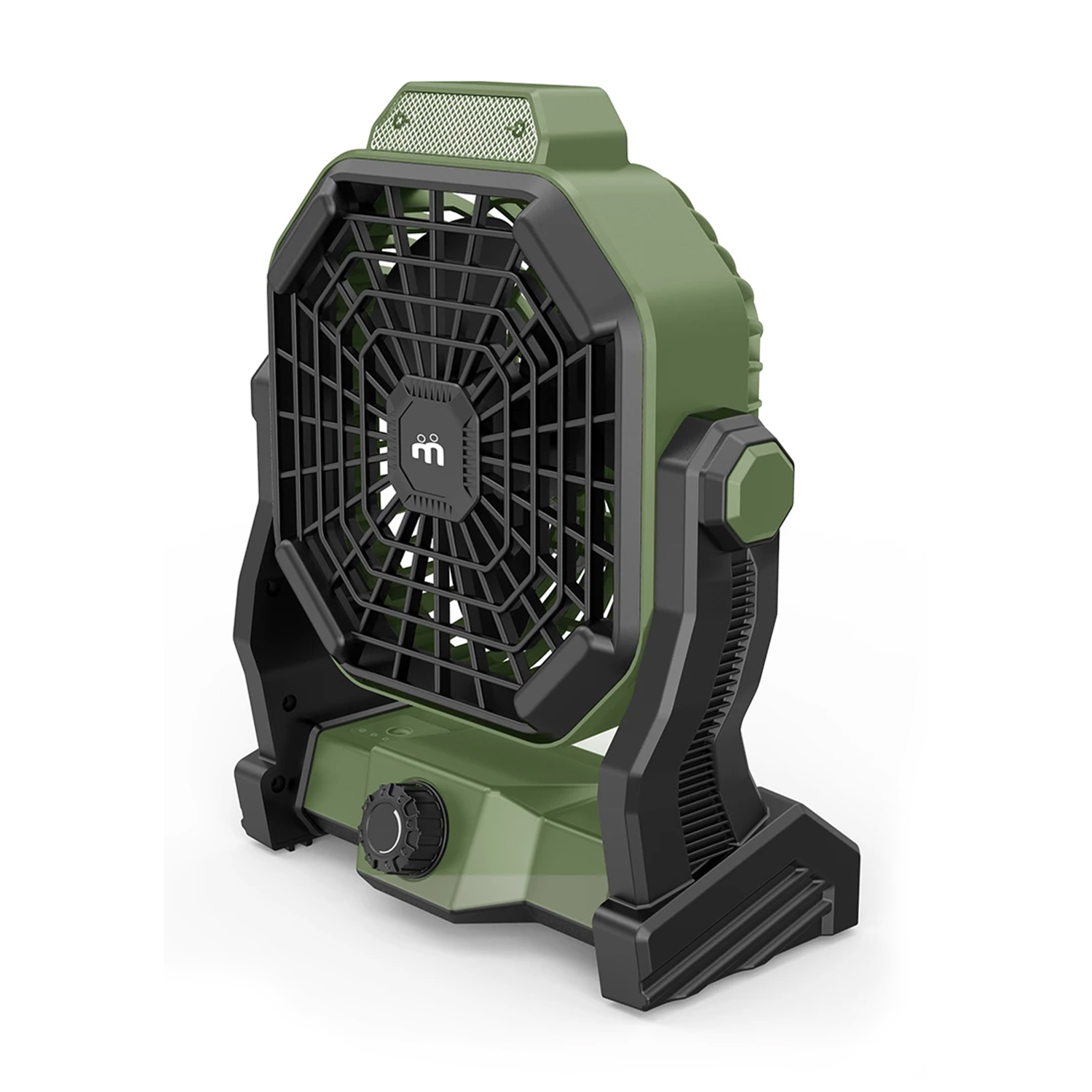 Un ventilatore portatile verde con accenti neri. Ha una griglia frontale e una manopola.