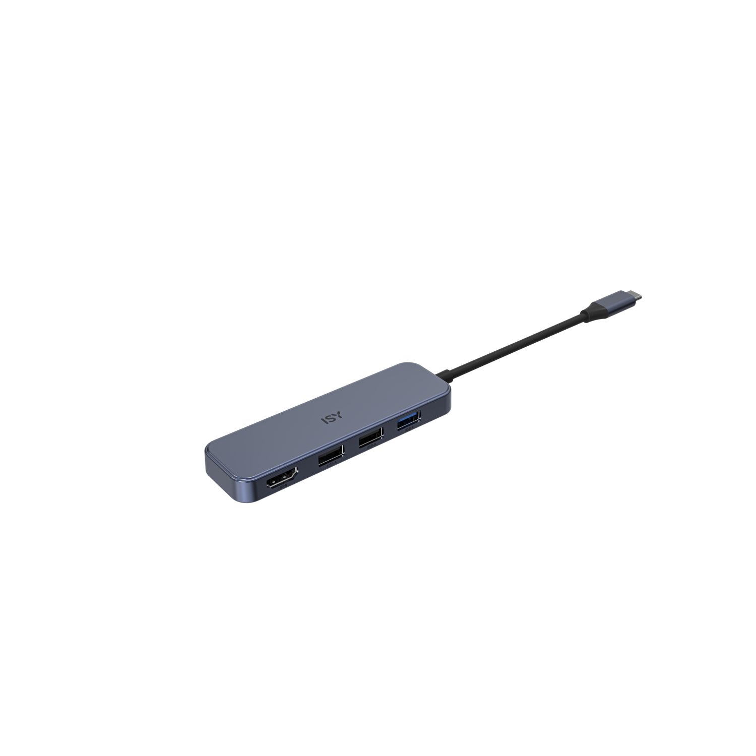 Blue USB-C hub with multiple ports, lying against a black background.