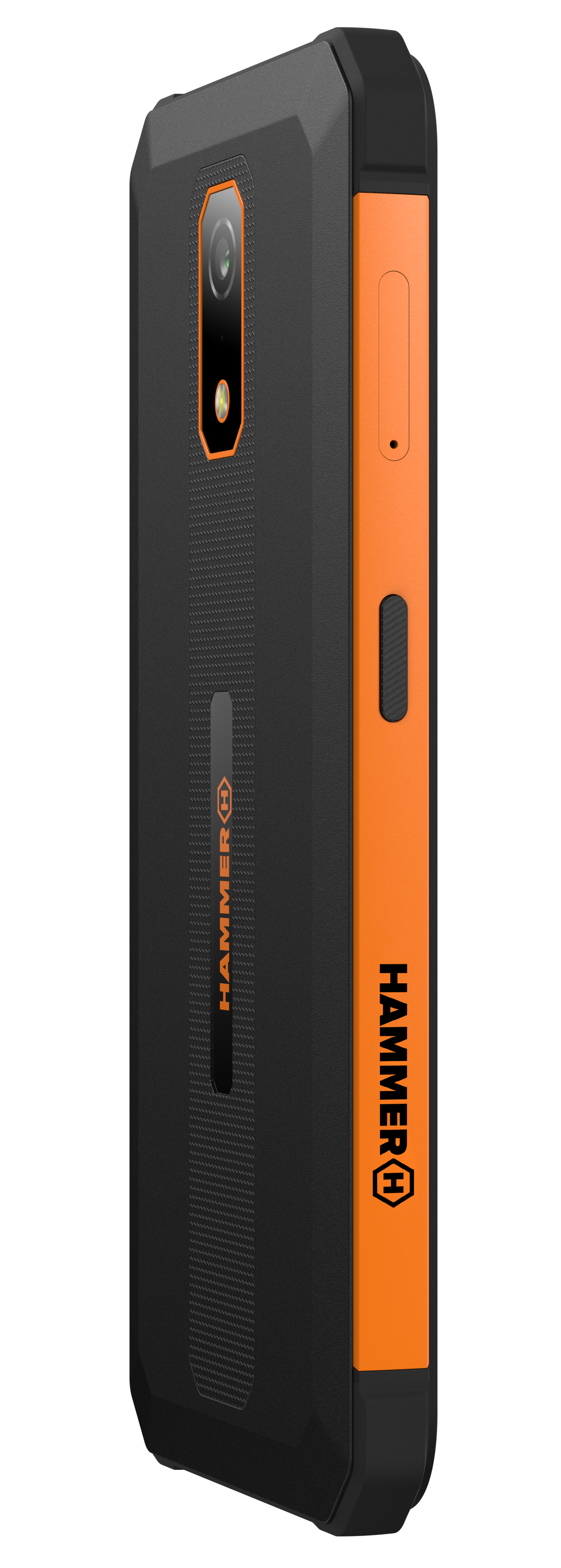 Czarno-pomarańczowy telefon z boku. Ma aparat i logo HAMMER.
