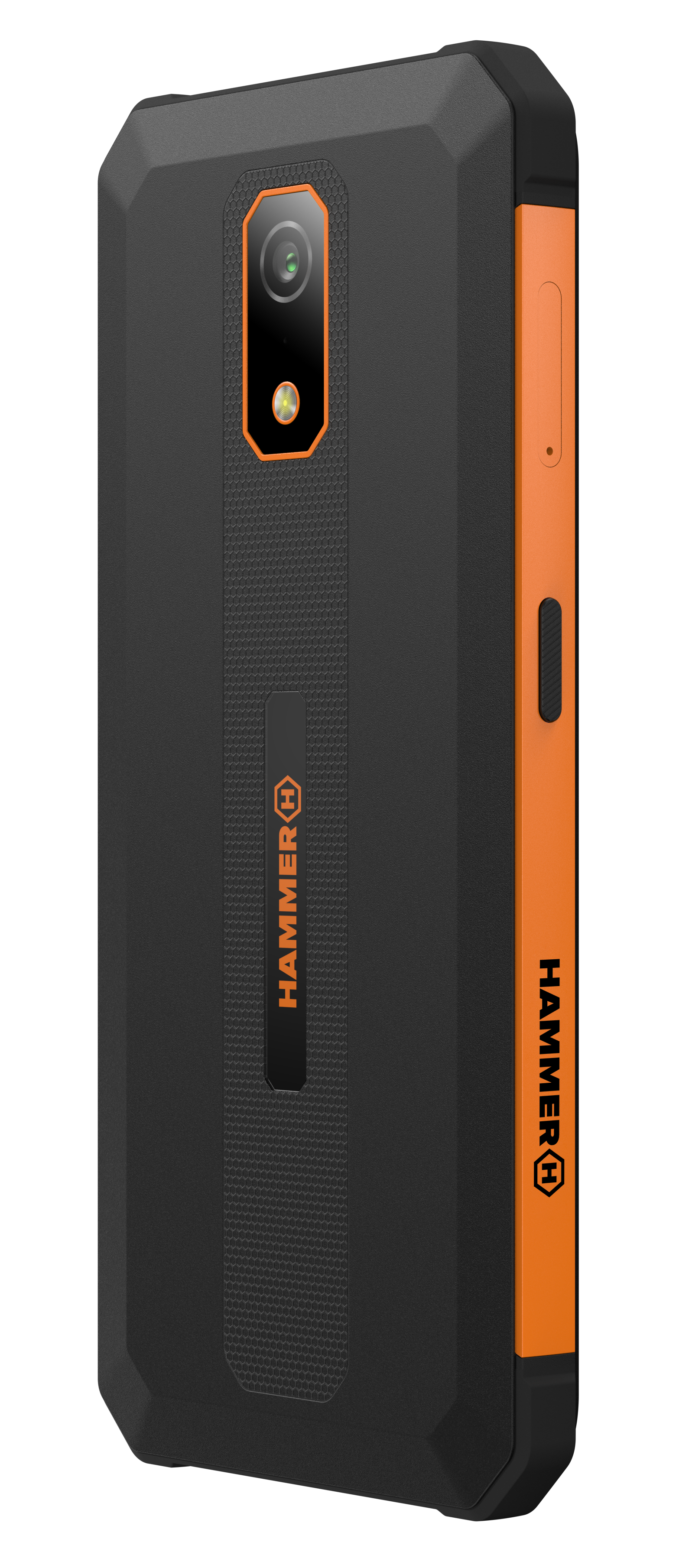 Czarny i pomarańczowy telefon Hammer. Ma dwutonowy design i solidny wygląd.