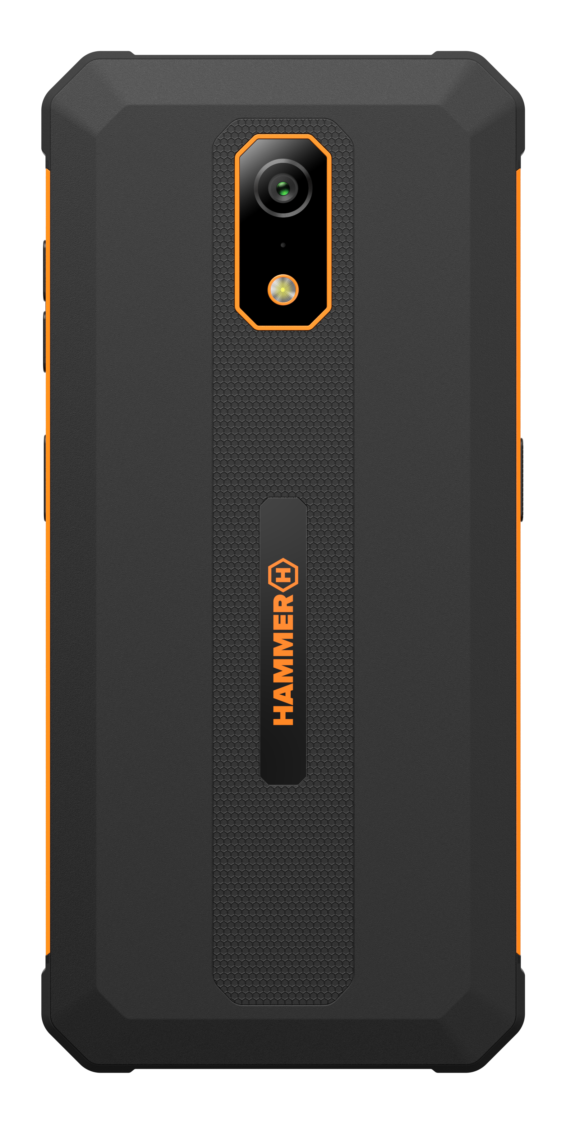 Czarny telefon z pomarańczowymi akcentami. Z tyłu ma aparat i logo Hammer.