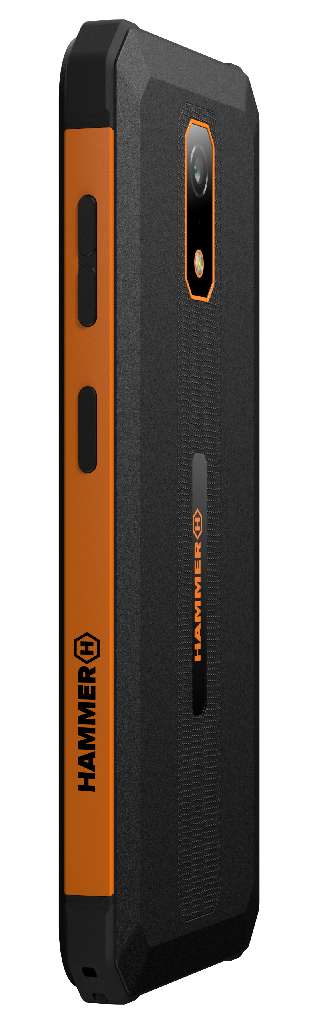 Czarny i pomarańczowy smartfon, widok z boku, wytrzymała konstrukcja.