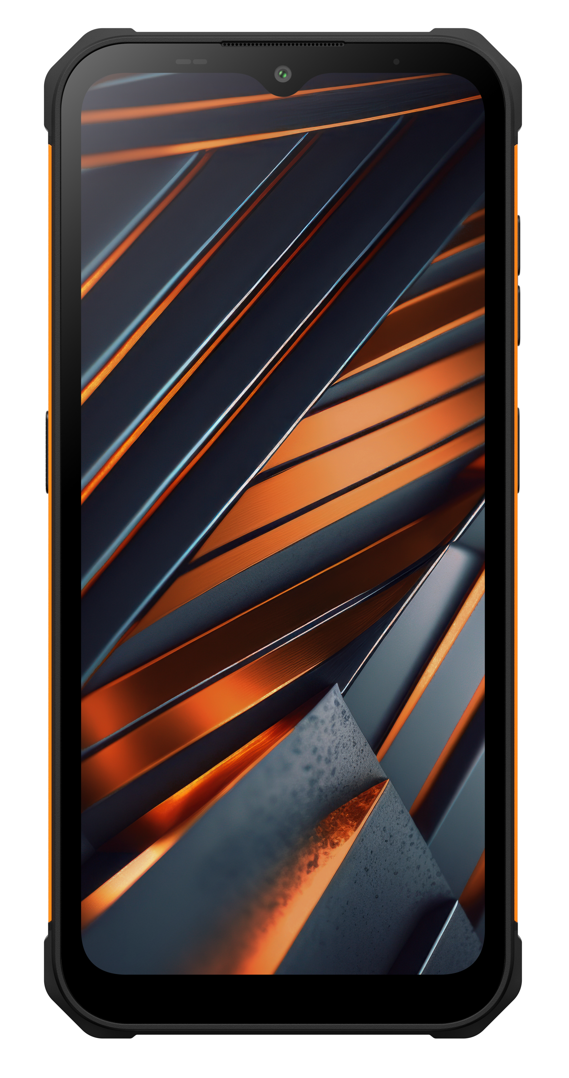 Czarny i pomarańczowy wytrzymały smartfon. Widok pod kątem. Ekran pokazuje abstrakcyjny wzór.