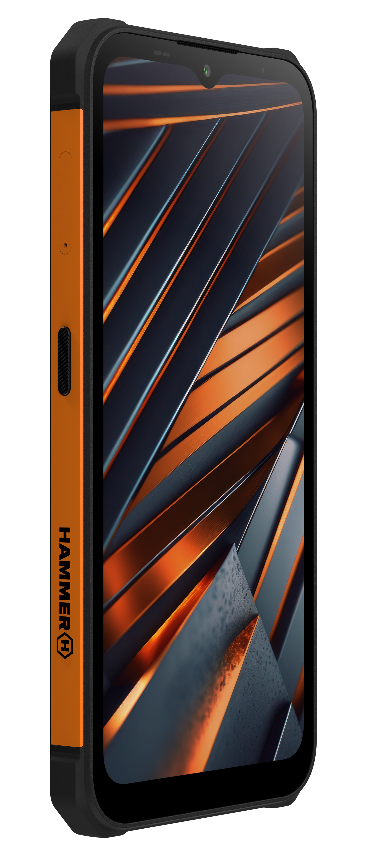 Pomarańczowy i czarny wytrzymały smartfon. Telefon ma czarny ekran. Z boku napis HAMMER.