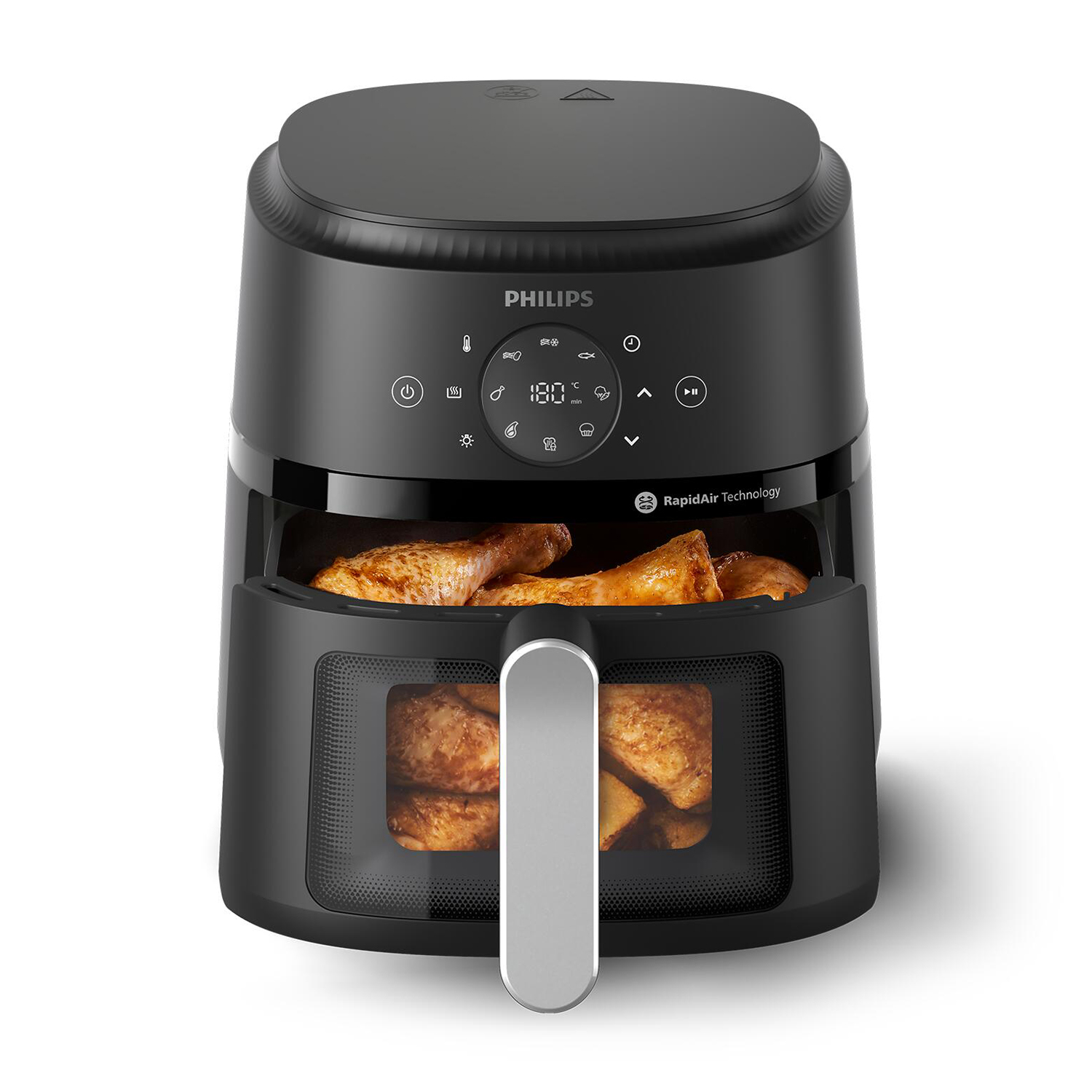 Friggitrice ad aria nera con pollo all'interno. È visibile il marchio Philips. Il dispositivo è su sfondo bianco.
