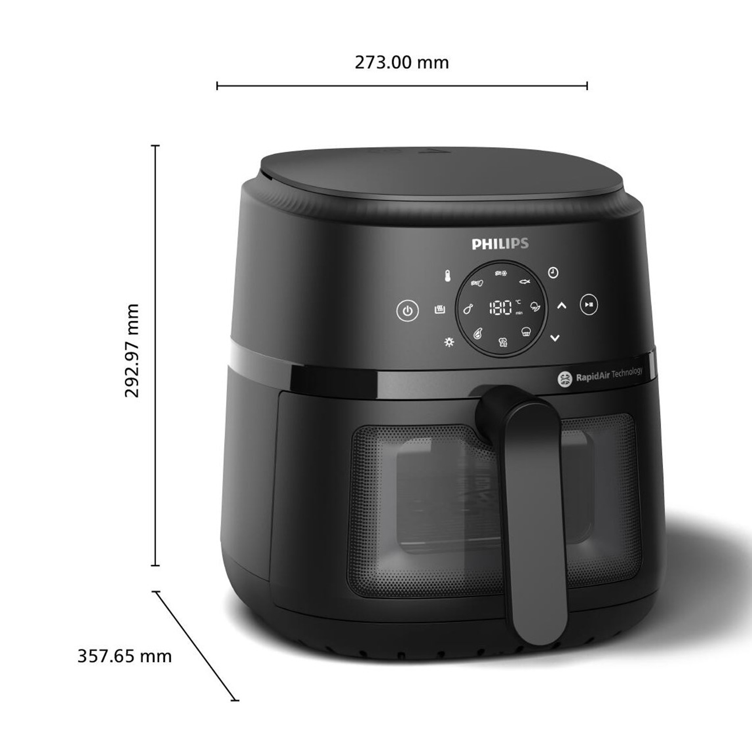 Friggitrice ad aria Philips nera con dimensioni. Con manico e display digitale.