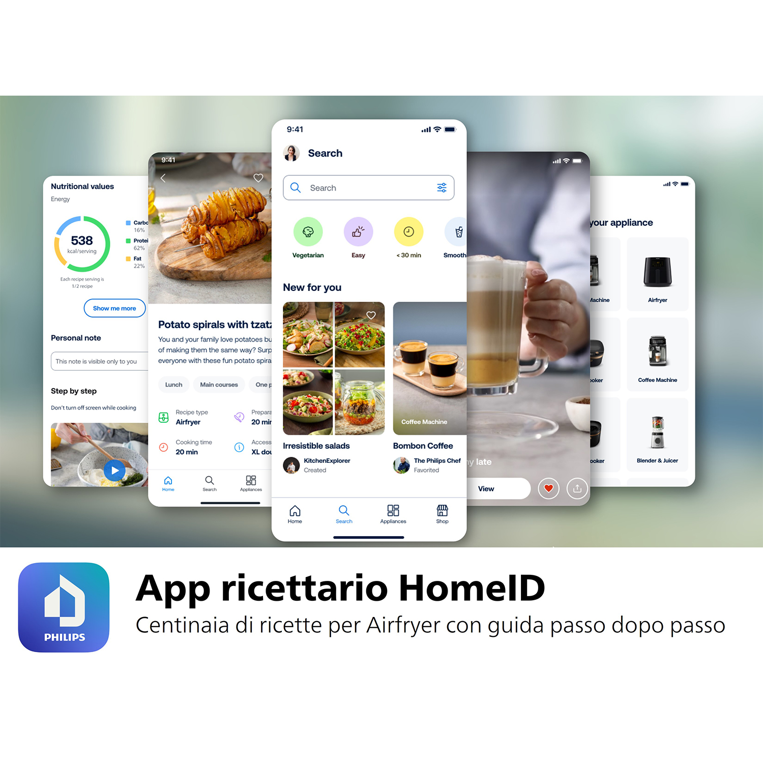 Un telefono mostra interfacce di app, con icone e suggerimenti di ricette per friggitrici ad aria.