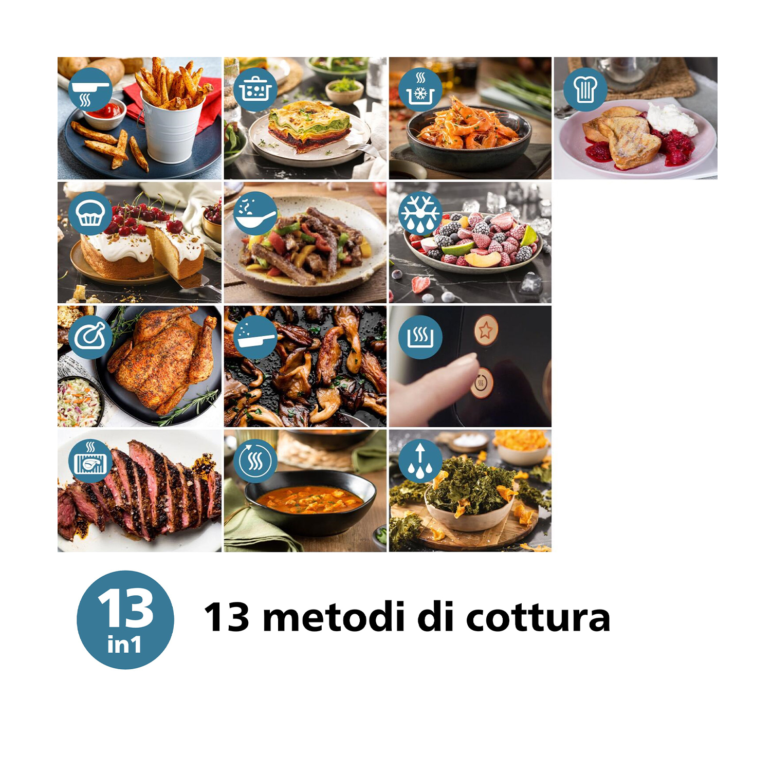 Vari piatti disposti in una griglia, che mostrano metodi di cottura e ingredienti.
