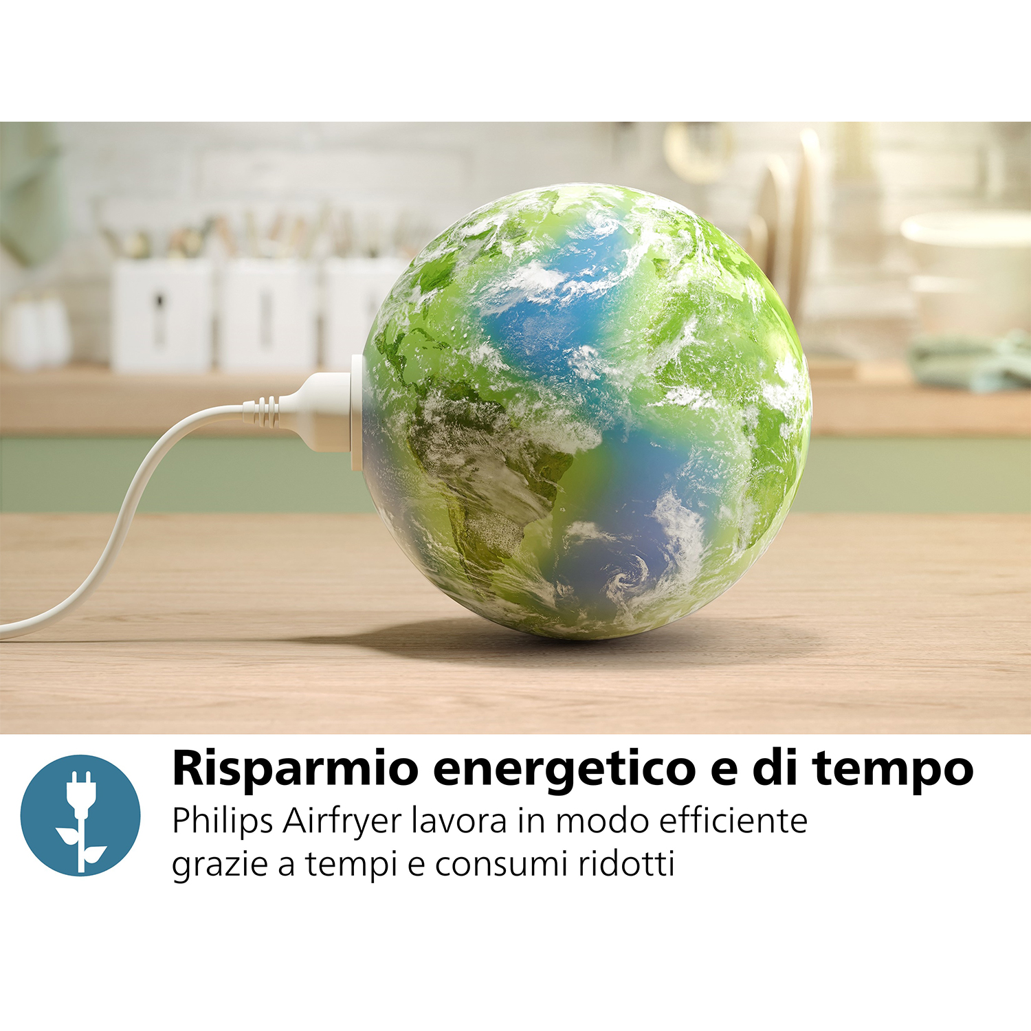 Globo terrestre con spina. Testo: Risparmio energetico e di tempo. Informazioni Philips Airfryer.