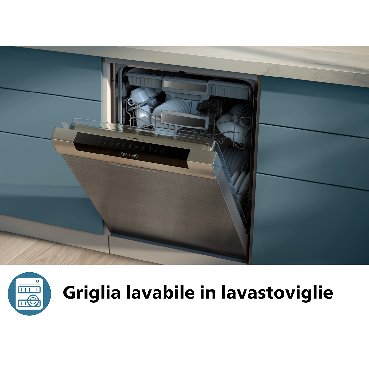 Lavastoviglie con porta aperta che mostra piatti puliti. Il testo dice 'Griglia lavabile in lavastoviglie'.