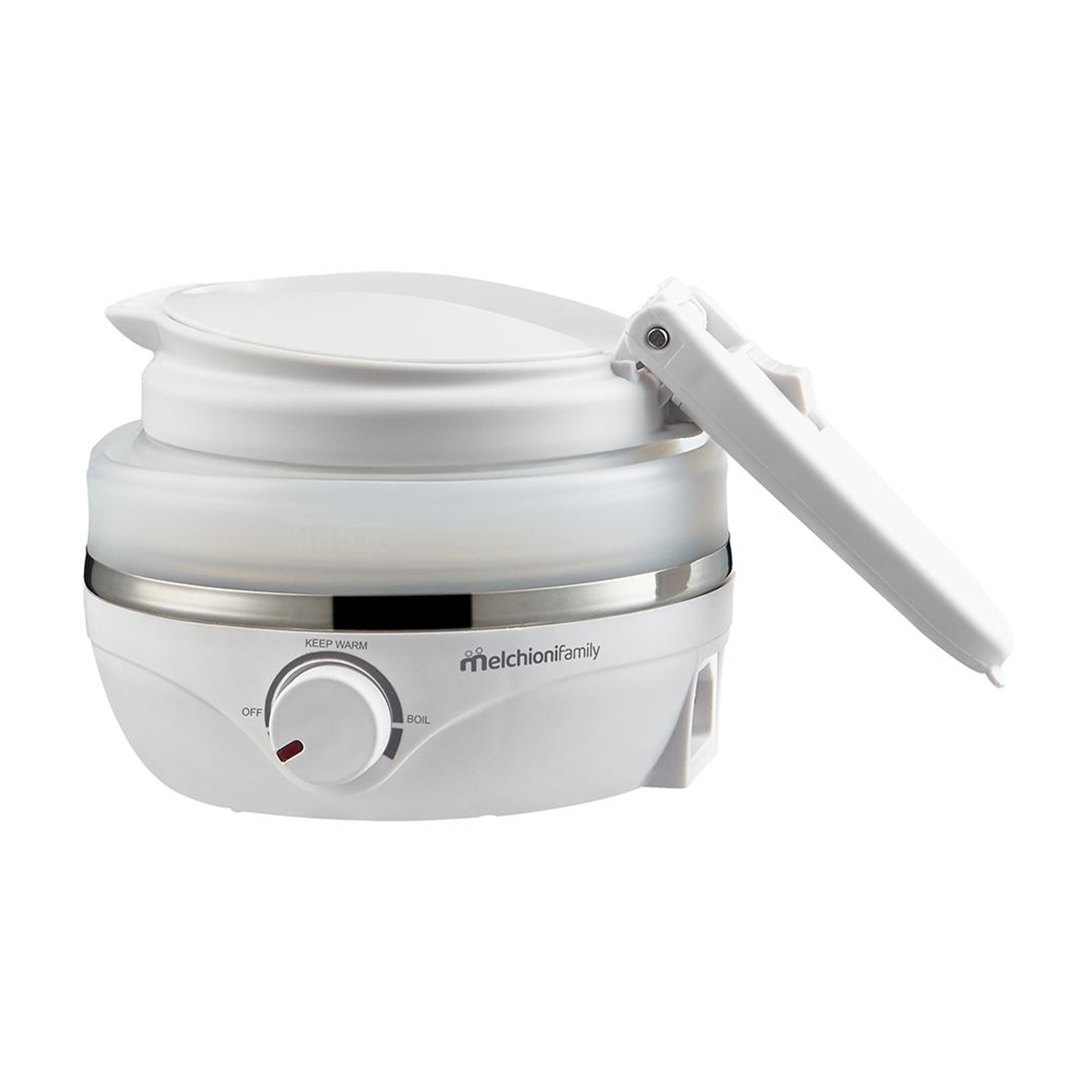 Bollitore da viaggio bianco pieghevole con manico. Testo: melchioniFamily, Keep Warm, Boil.