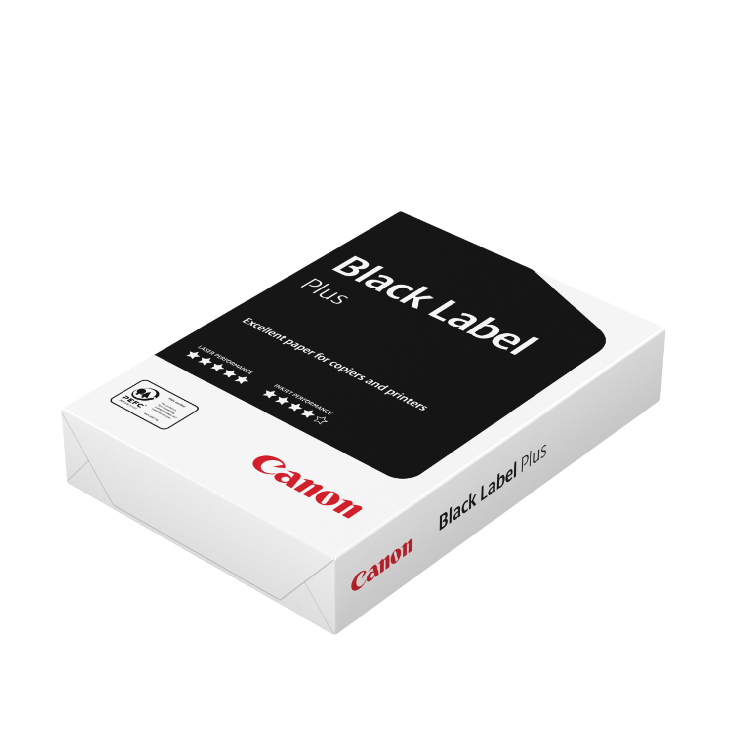 Een witte doos Canon Black Label Plus papier, met het logo van het merk prominent weergegeven.