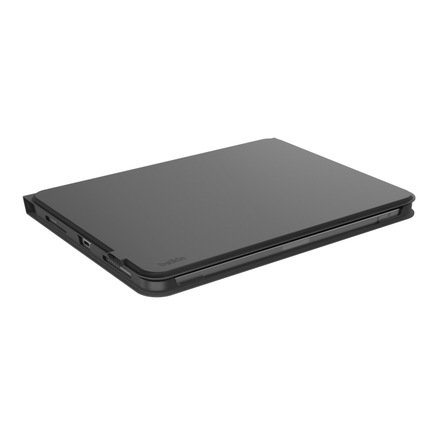 A closed, gray tablet case on a white surface, angled slightly.