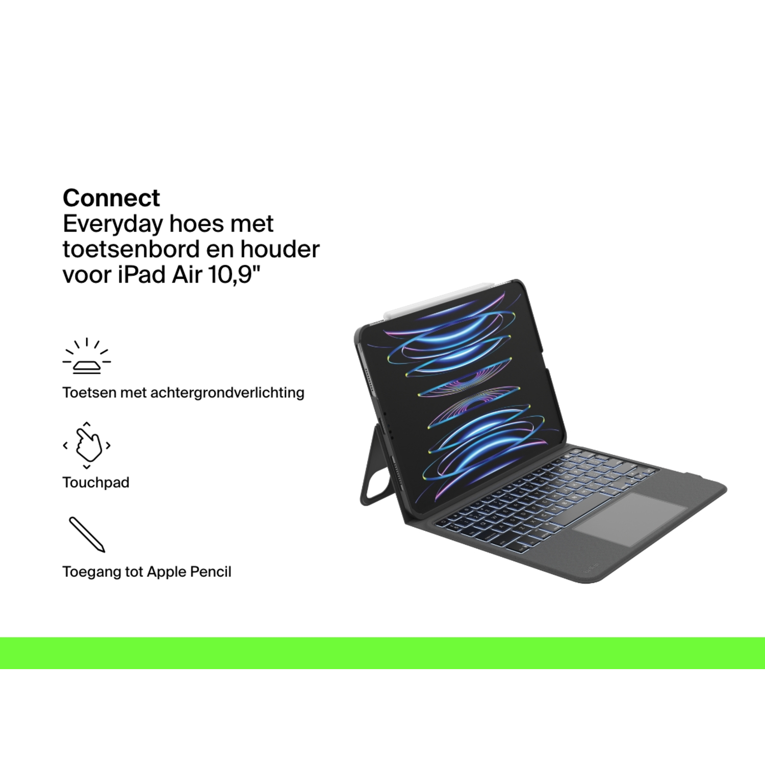 iPad Air with keyboard and touchpad, lit keys, and pencil access.