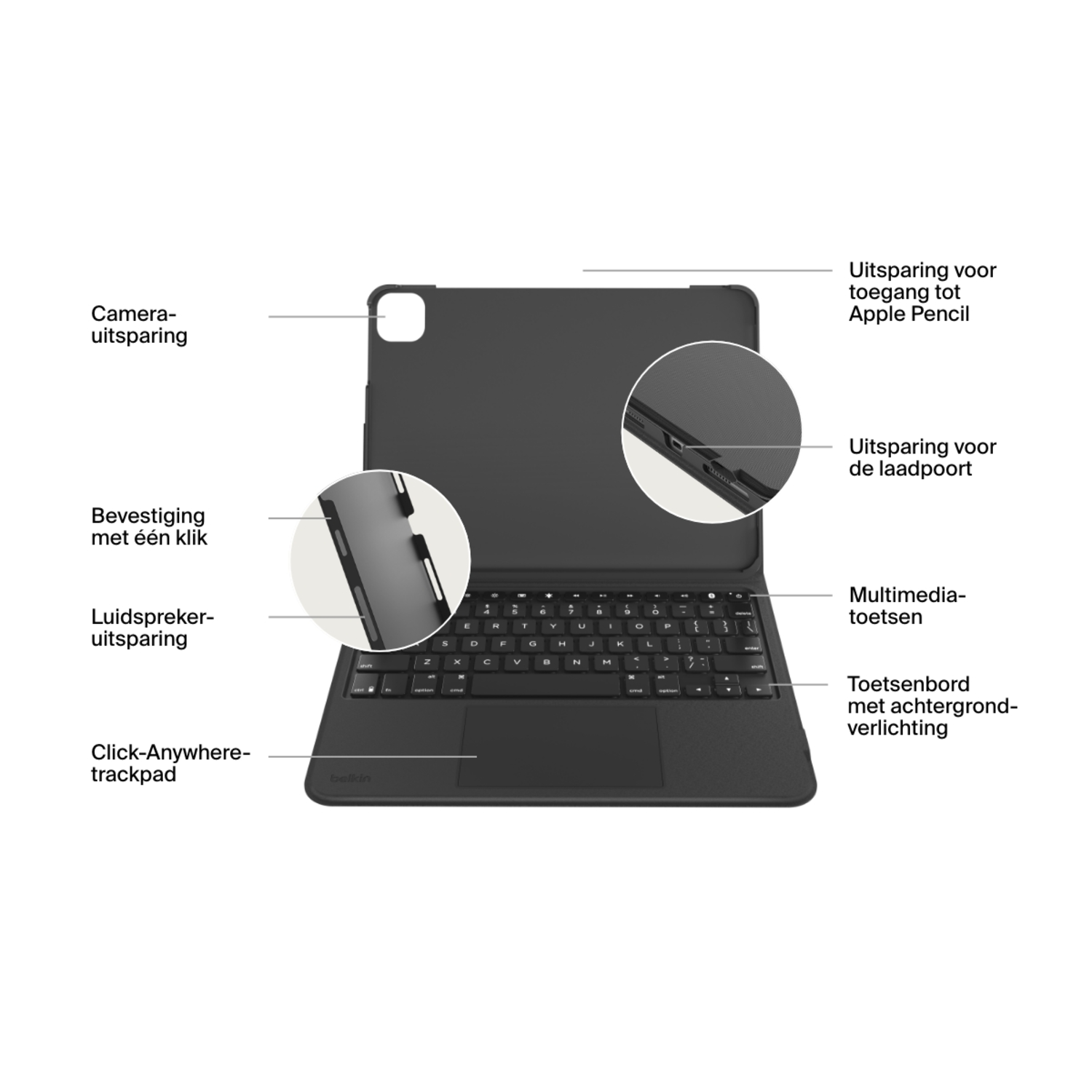 Black tablet keyboard case, with keyboard, trackpad, and various cutouts.