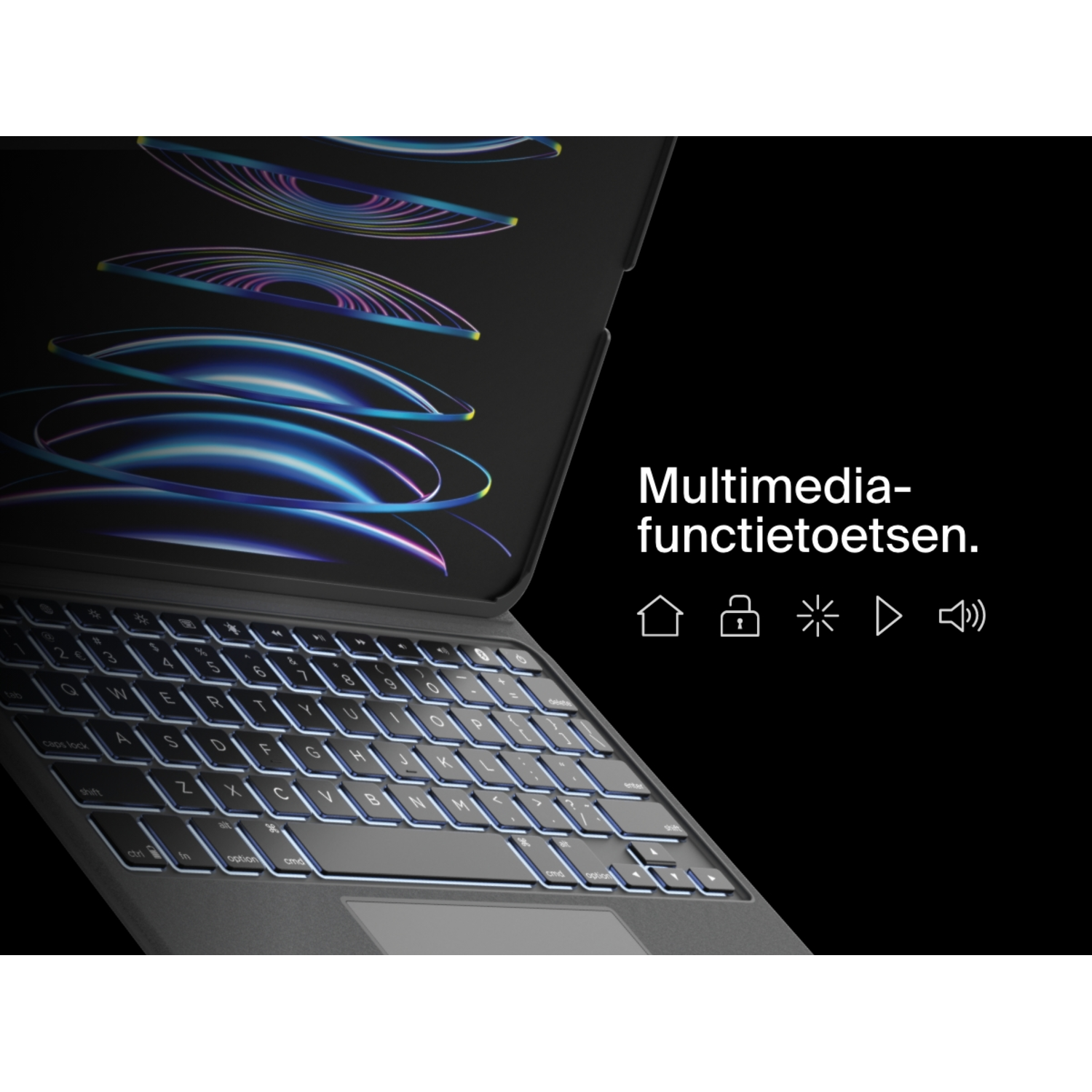 Keyboard with illuminated keys. Multimedia function keys visible. Black background. Close-up shot.