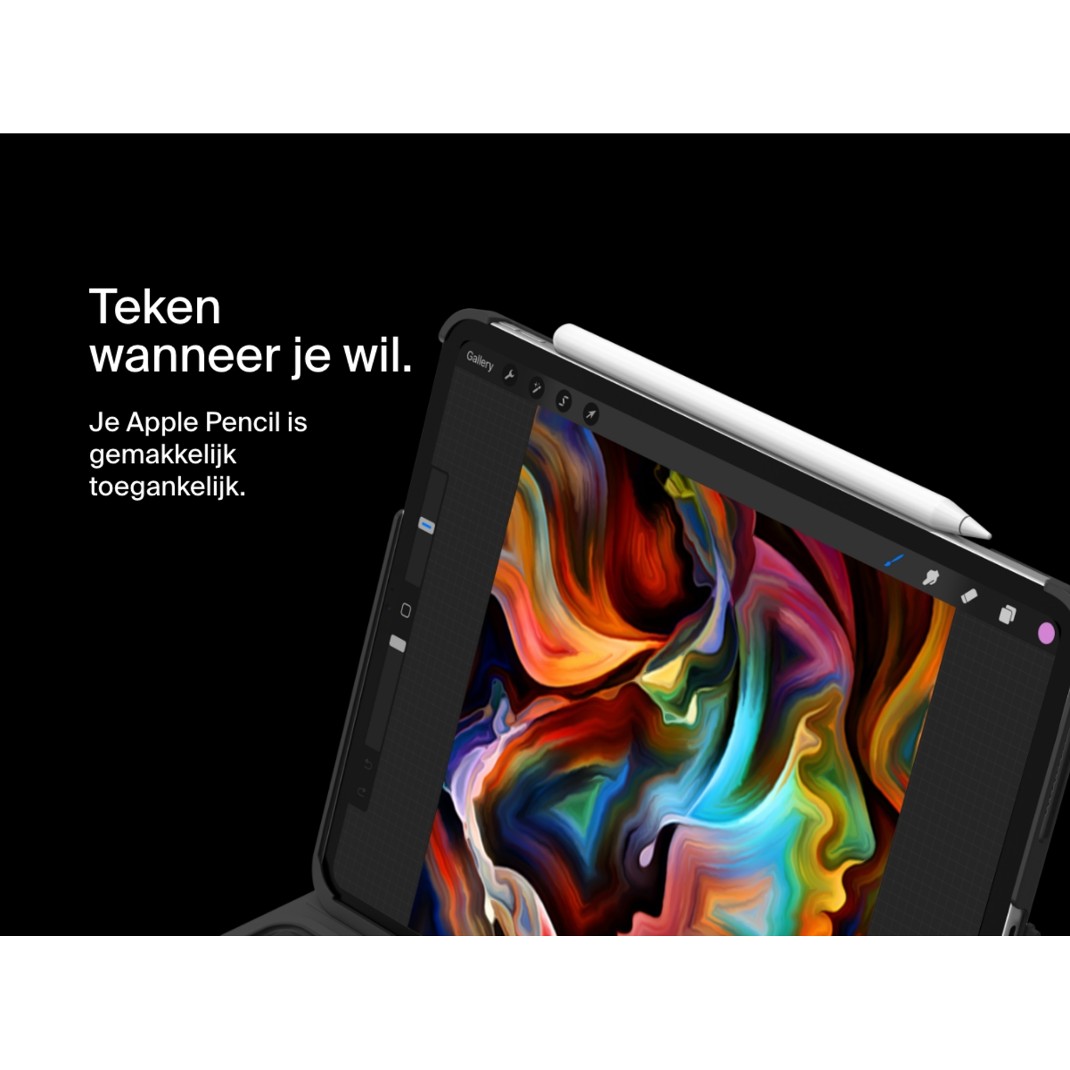 An Apple iPad with a pencil is on a table. The screen displays a colorful artwork.