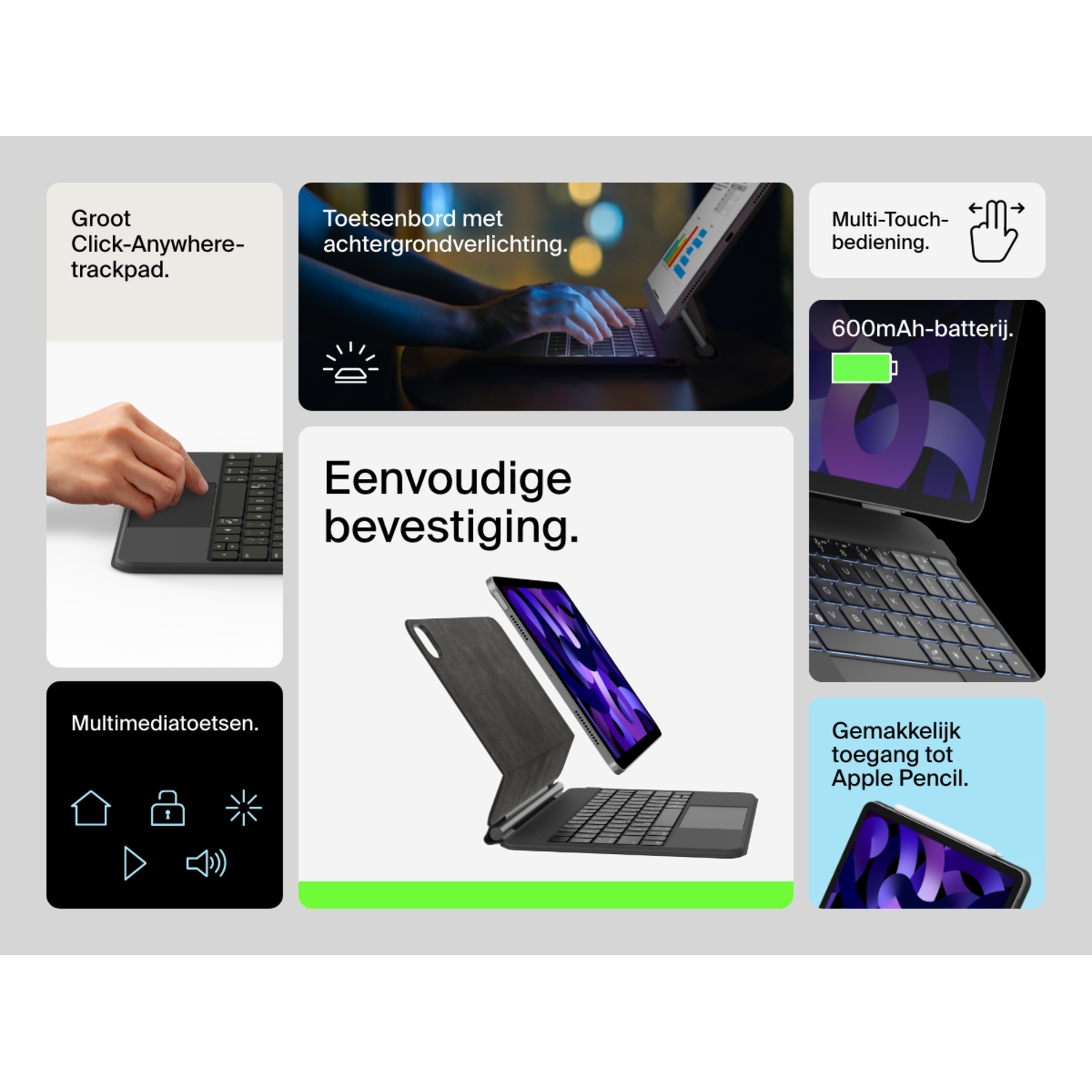 Various components of a keyboard and touchpad setup with a tablet. Includes touchpad, keys, and tablet.
