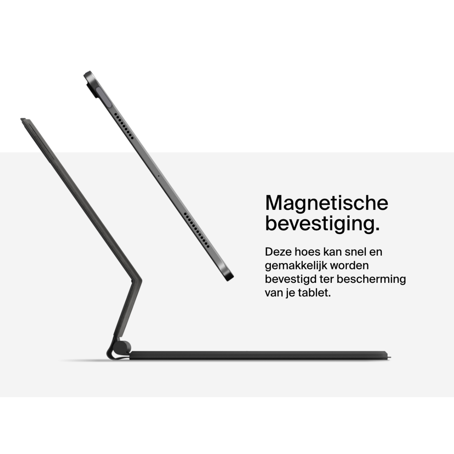 A tablet and keyboard case, with a magnetic attachment message in Dutch, on a white surface.