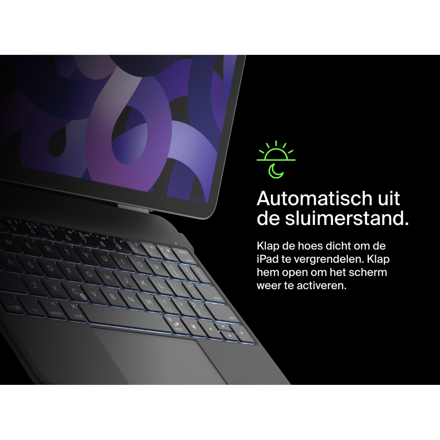 Black keyboard with blue backlighting. The text says, Automatisc uit de sluimerstand.