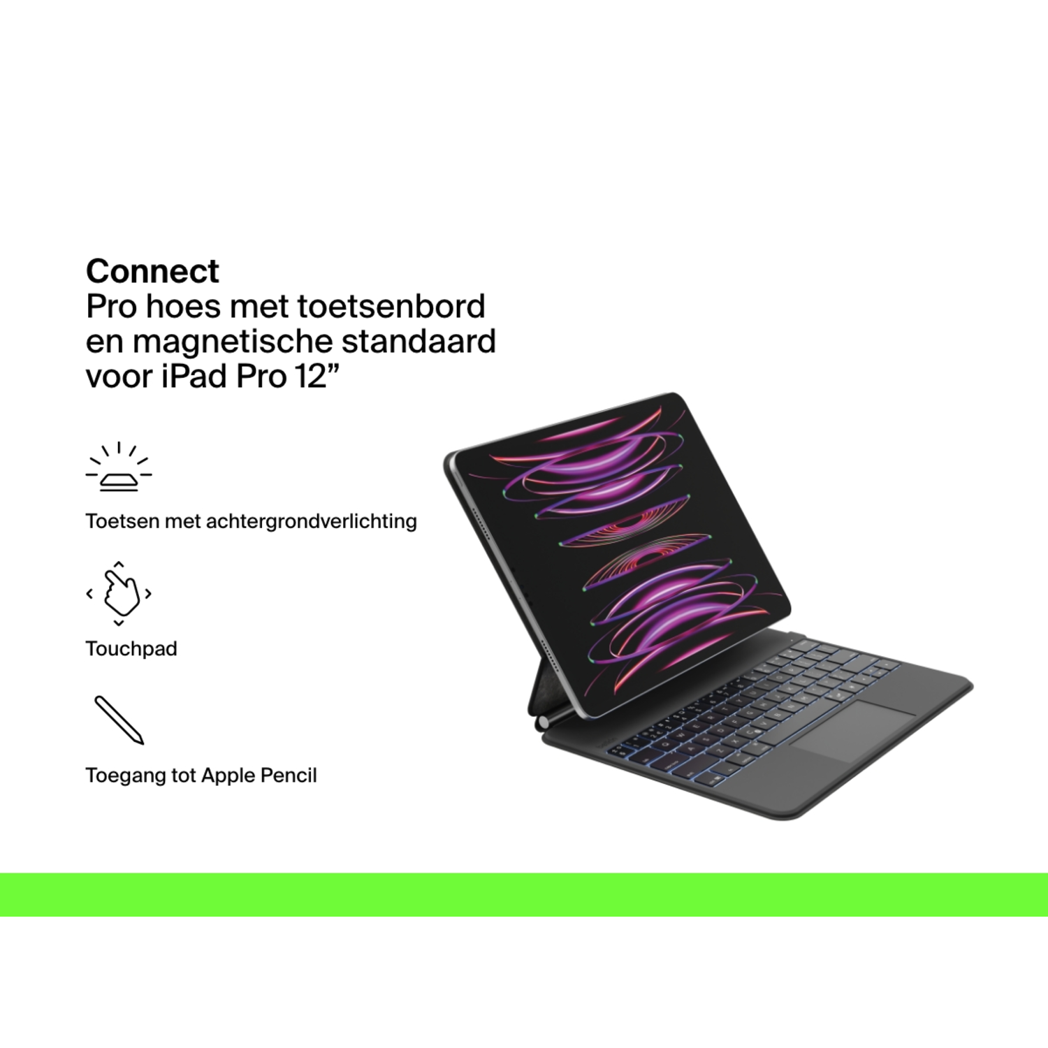 A gray iPad Pro 12 with a black keyboard cover, on a white background.